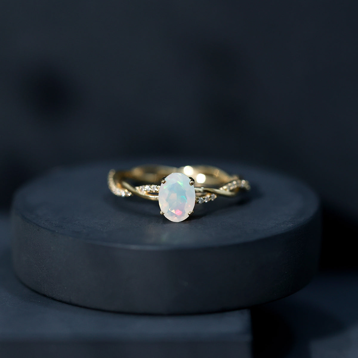 1 Carat Natural Opalescent Oval Engagement Ring with Diamond Braided Shank AAA - Rosec Jewels