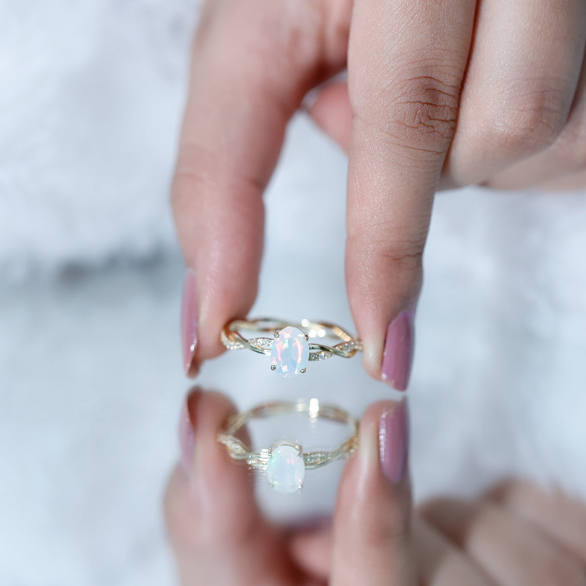1 Carat Natural Opalescent Oval Engagement Ring with Diamond Braided Shank AAA - Rosec Jewels
