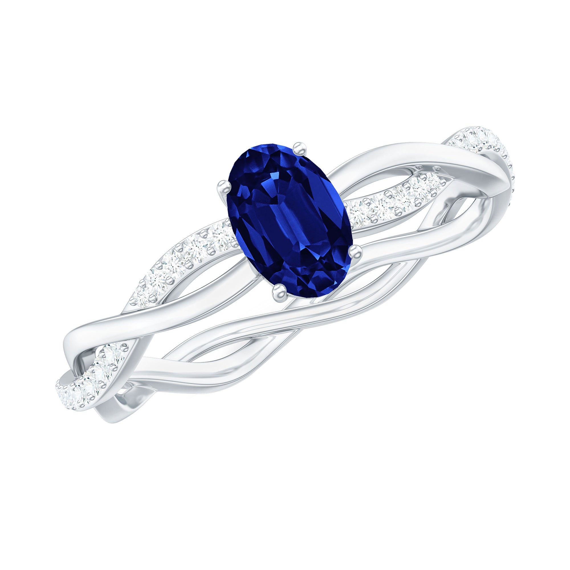 Oval Cut Solitaire Created Blue Sapphire Braided Engagement Ring with Diamond