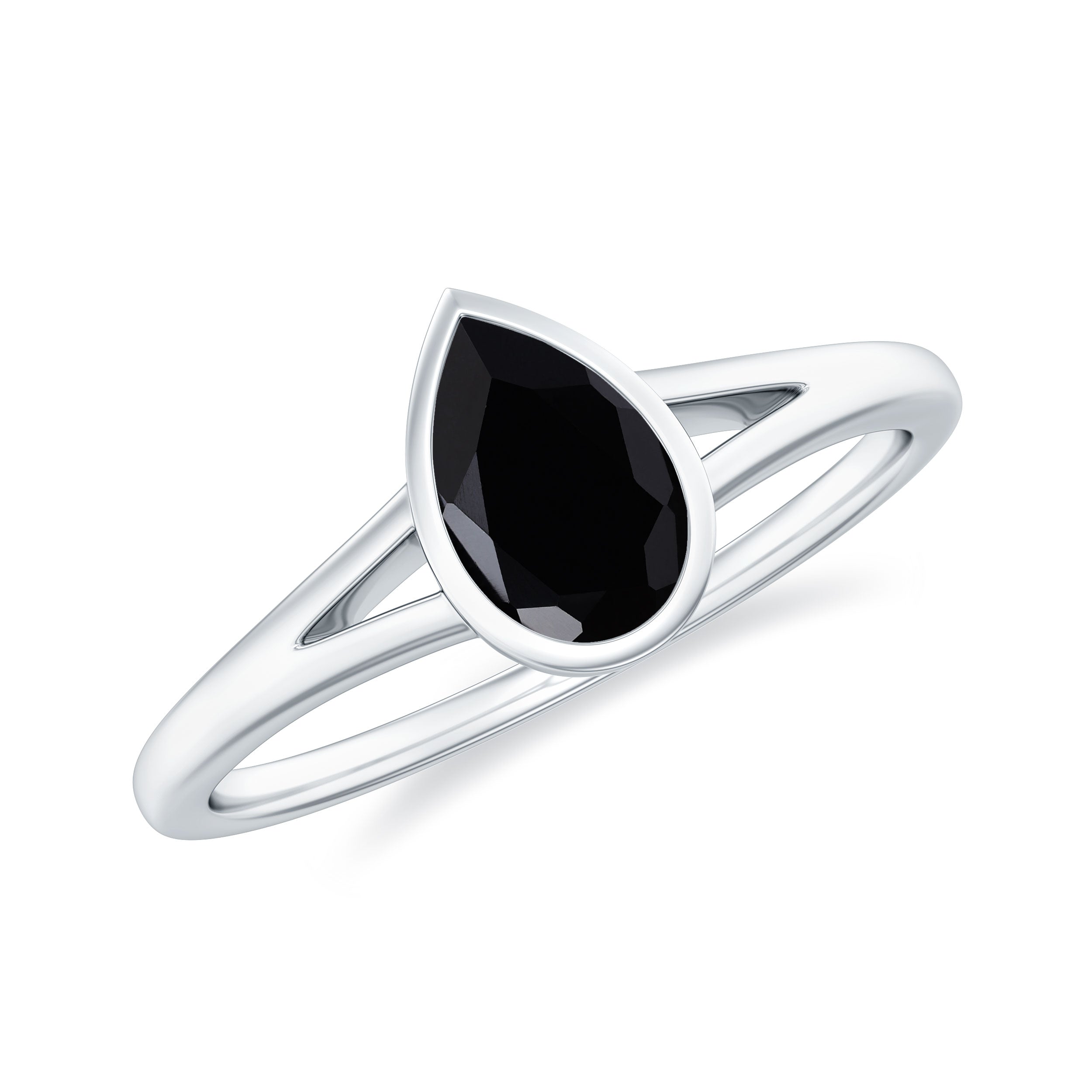 Bezel Set Black Onyx Pear Engagement Ring in Split Shank AAA - Rosec Jewels