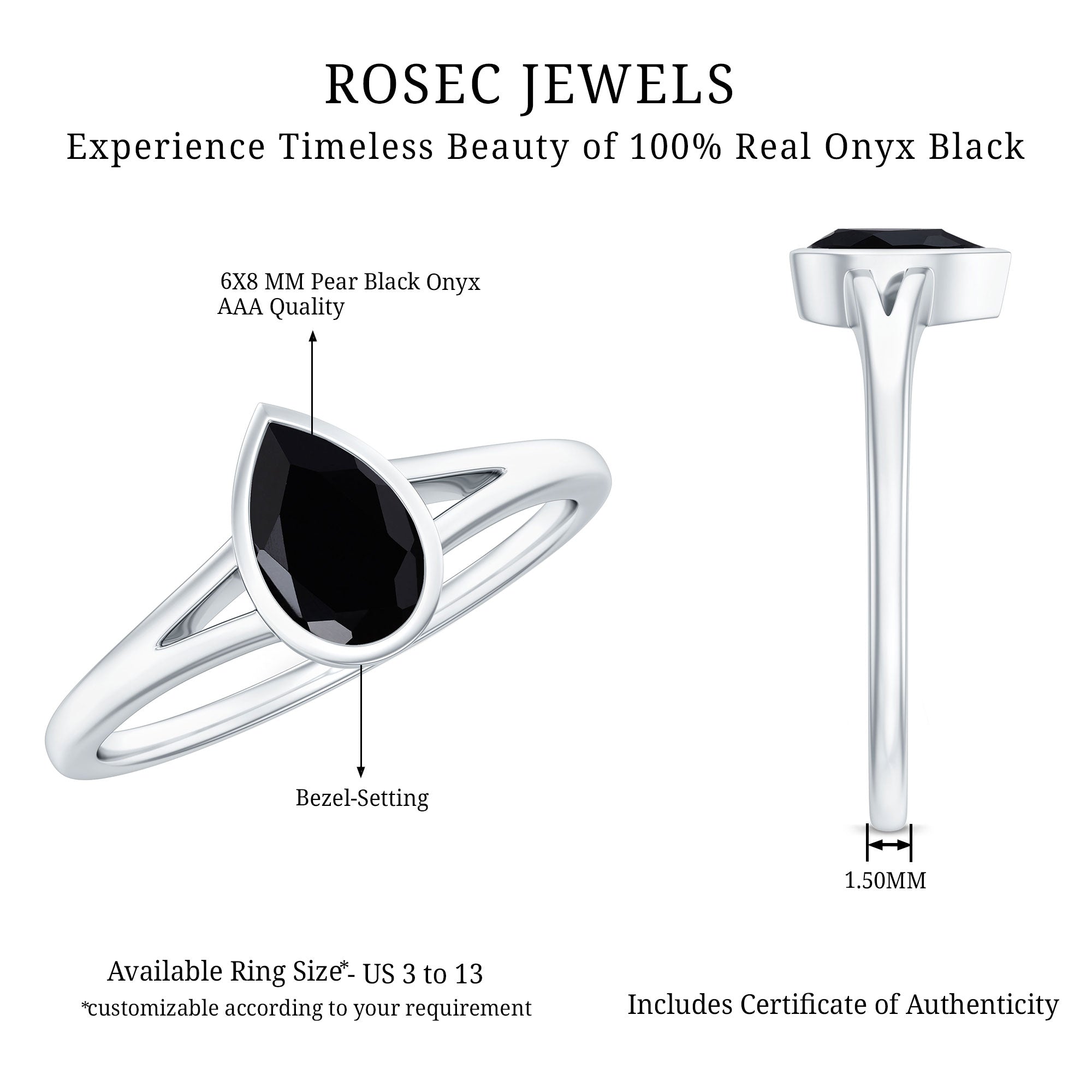 Bezel Set Black Onyx Pear Engagement Ring in Split Shank AAA - Rosec Jewels
