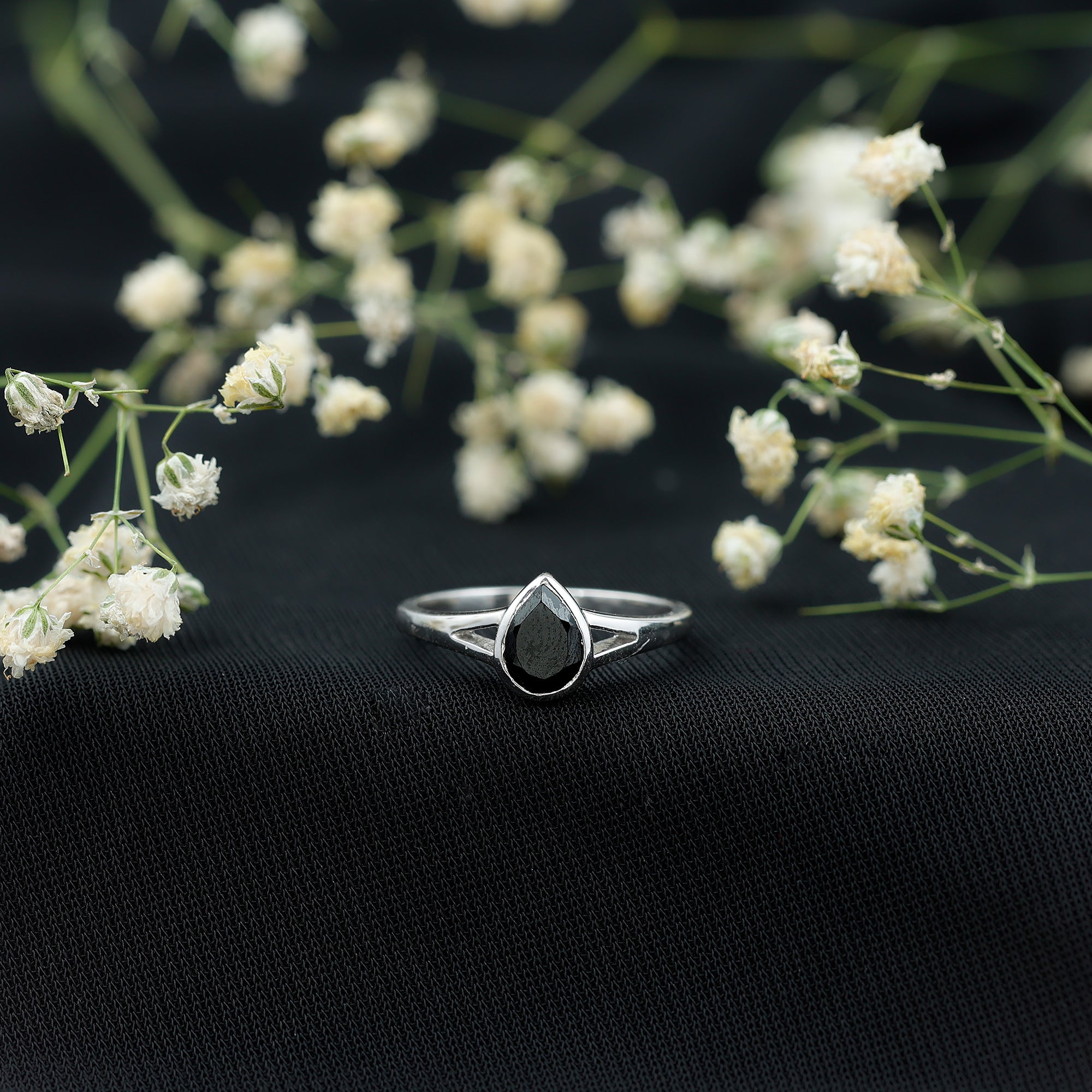 Bezel Set Black Onyx Pear Engagement Ring in Split Shank AAA - Rosec Jewels