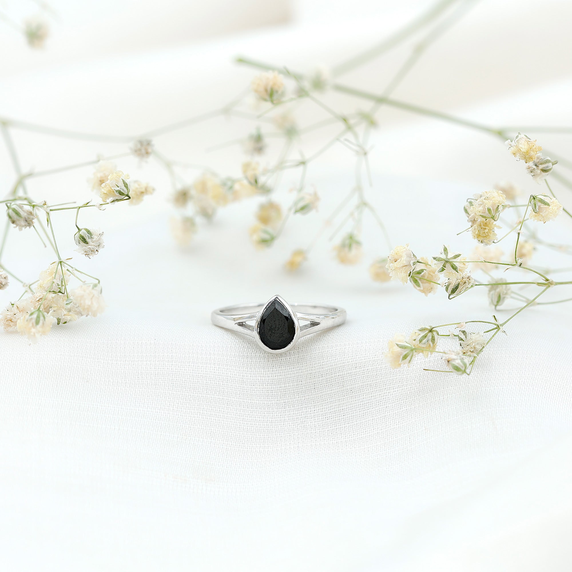Bezel Set Black Onyx Pear Engagement Ring in Split Shank AAA - Rosec Jewels