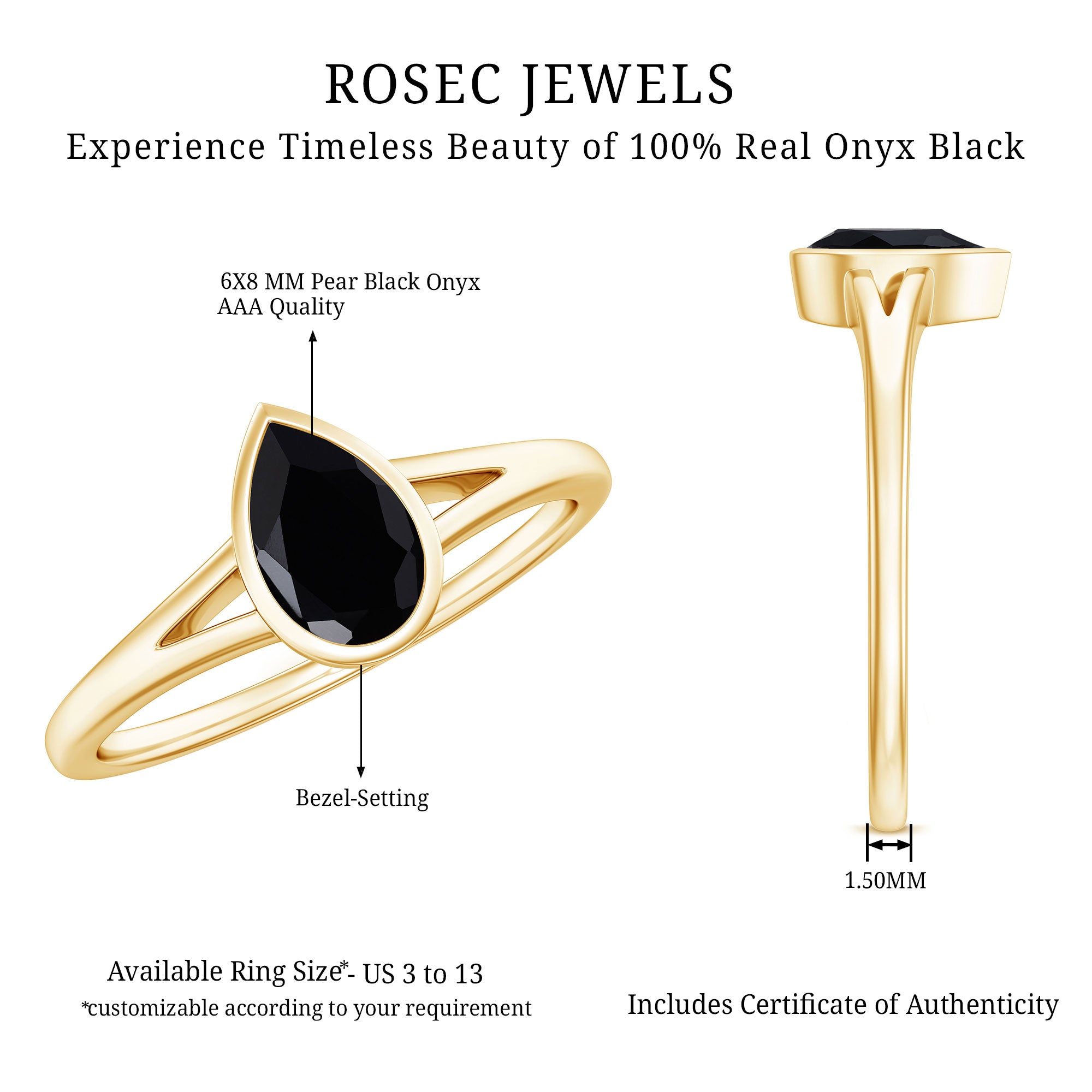 Bezel Set Black Onyx Pear Engagement Ring in Split Shank AAA - Rosec Jewels