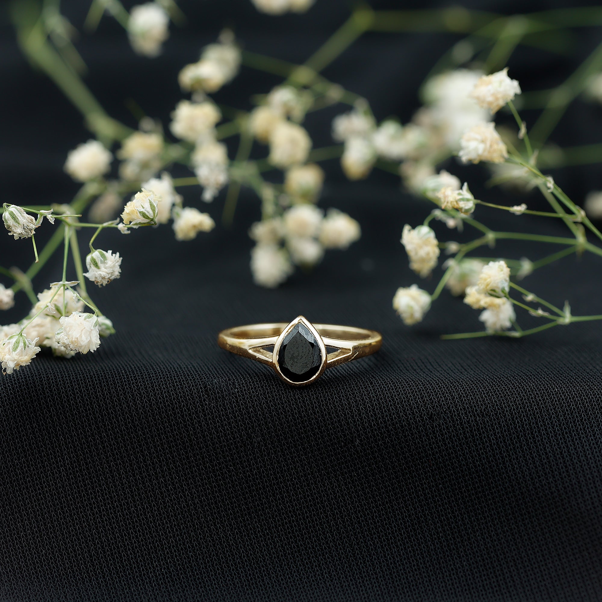 Bezel Set Black Onyx Pear Engagement Ring in Split Shank AAA - Rosec Jewels