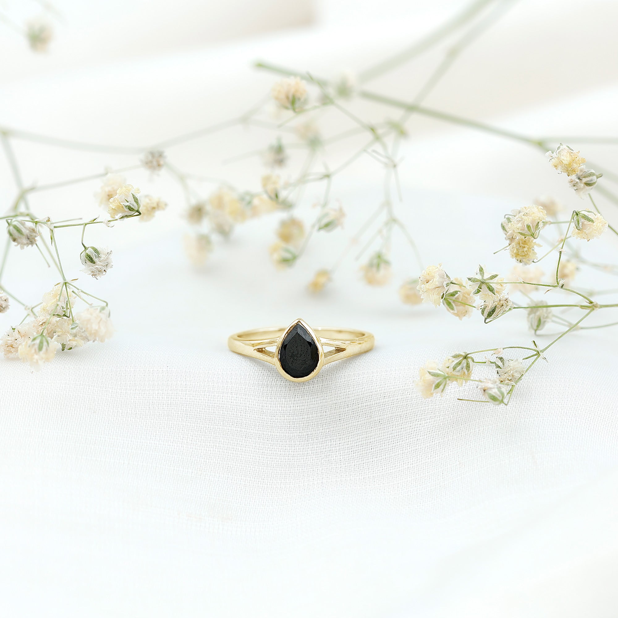 Bezel Set Black Onyx Pear Engagement Ring in Split Shank AAA - Rosec Jewels