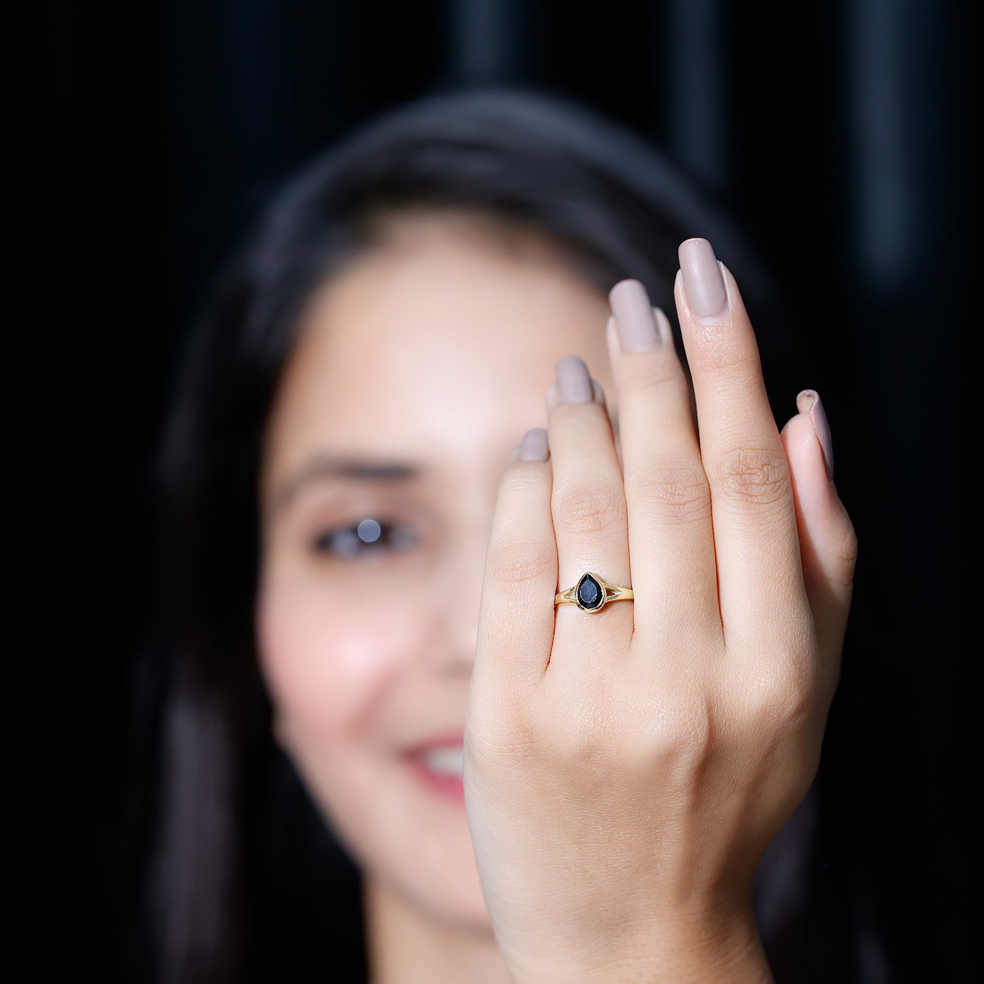 Bezel Set Black Onyx Pear Engagement Ring in Split Shank AAA - Rosec Jewels