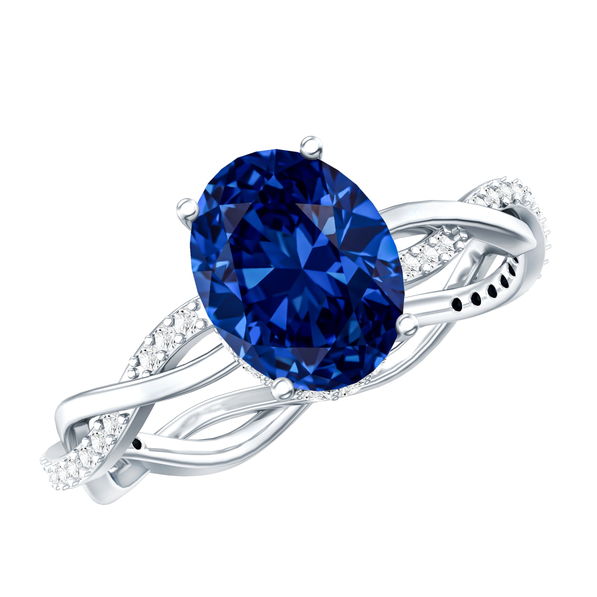 Certified 4 Carat Lab Grown Blue Sapphire Oval Engagement Ring with Diamond Braided Shank AAAA - Rosec Jewels