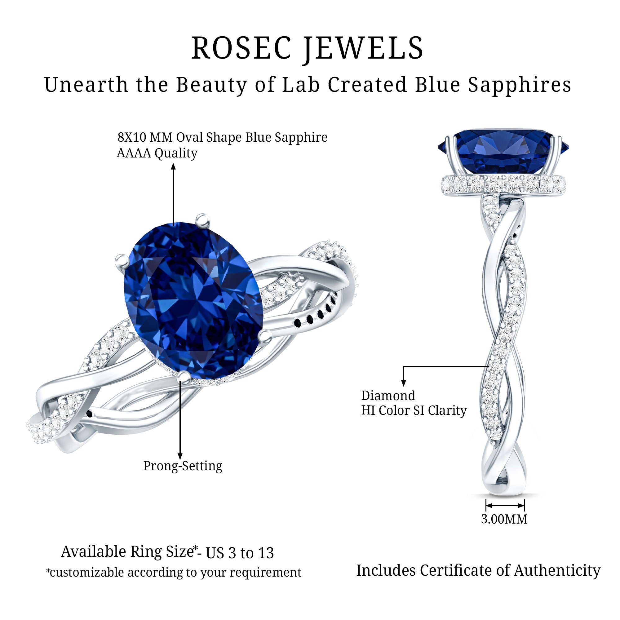 Certified 4 Carat Lab Grown Blue Sapphire Oval Engagement Ring with Diamond Braided Shank AAAA - Rosec Jewels