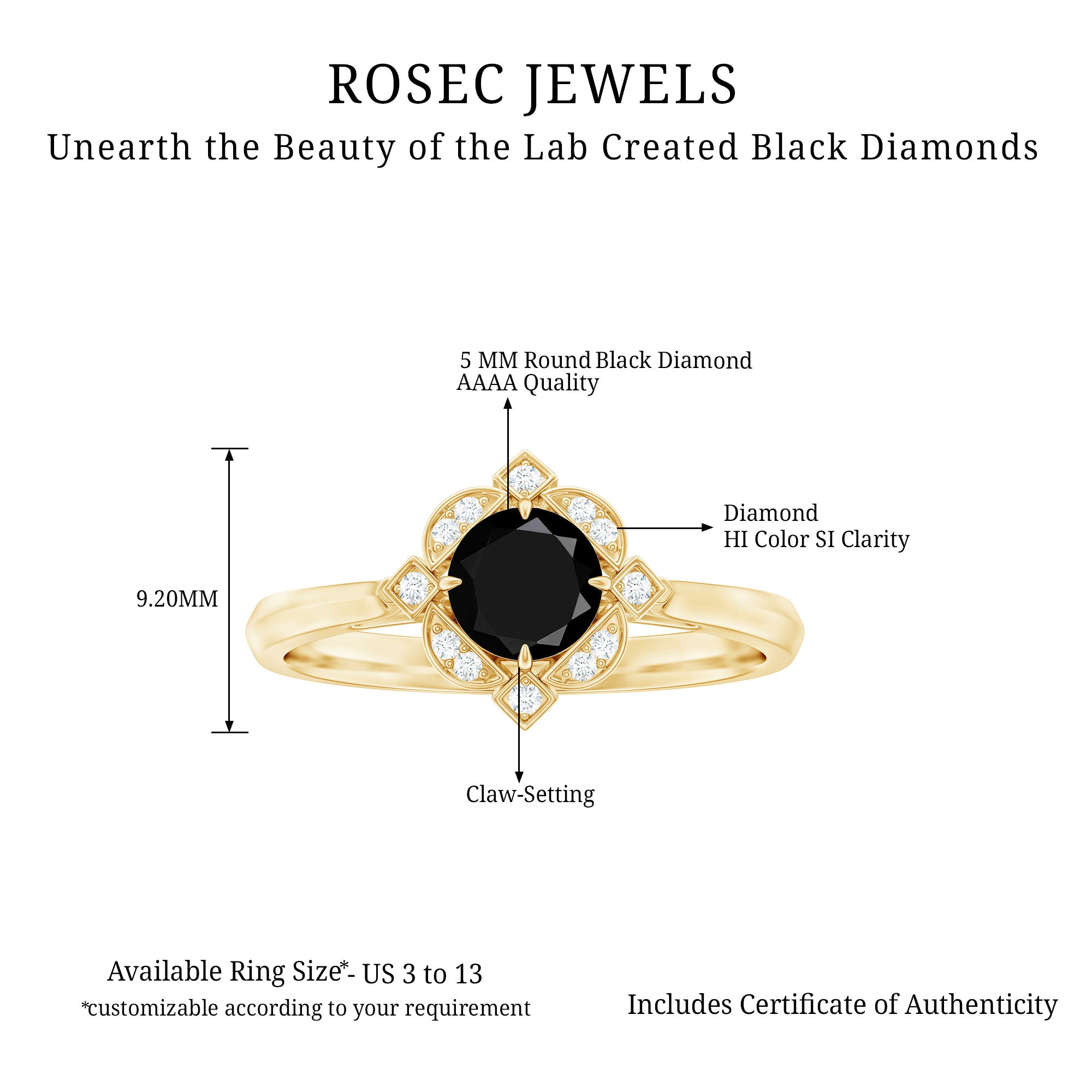 Vintage Looking 0.8 Carat Lab Grown Black and White Diamond Engagement Ring AAAA ( Synthetic ) - Rosec Jewels