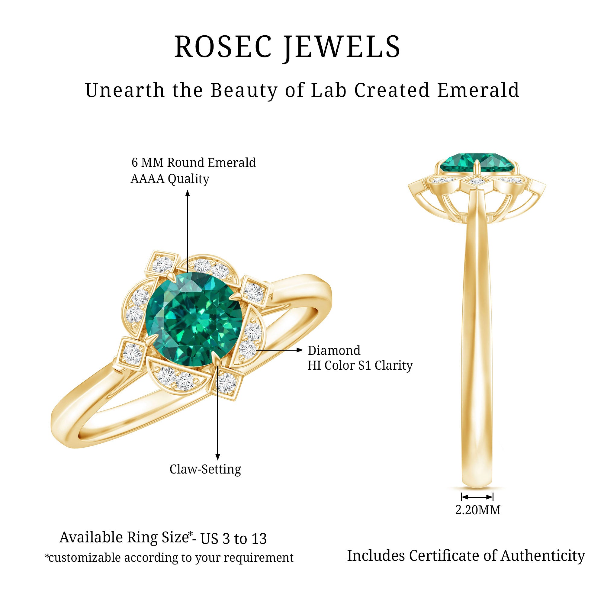 Lab Grown Emerald and Diamond Art Deco Engagement Ring AAAA - Rosec Jewels