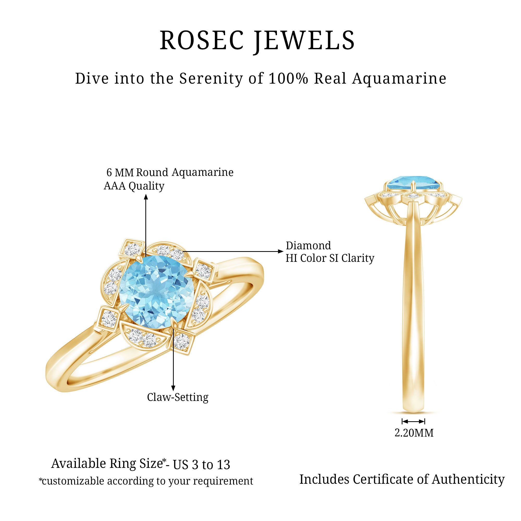 Vintage Inspired Aquamarine and Diamond Engagement Ring with Certificate AAA - Rosec Jewels