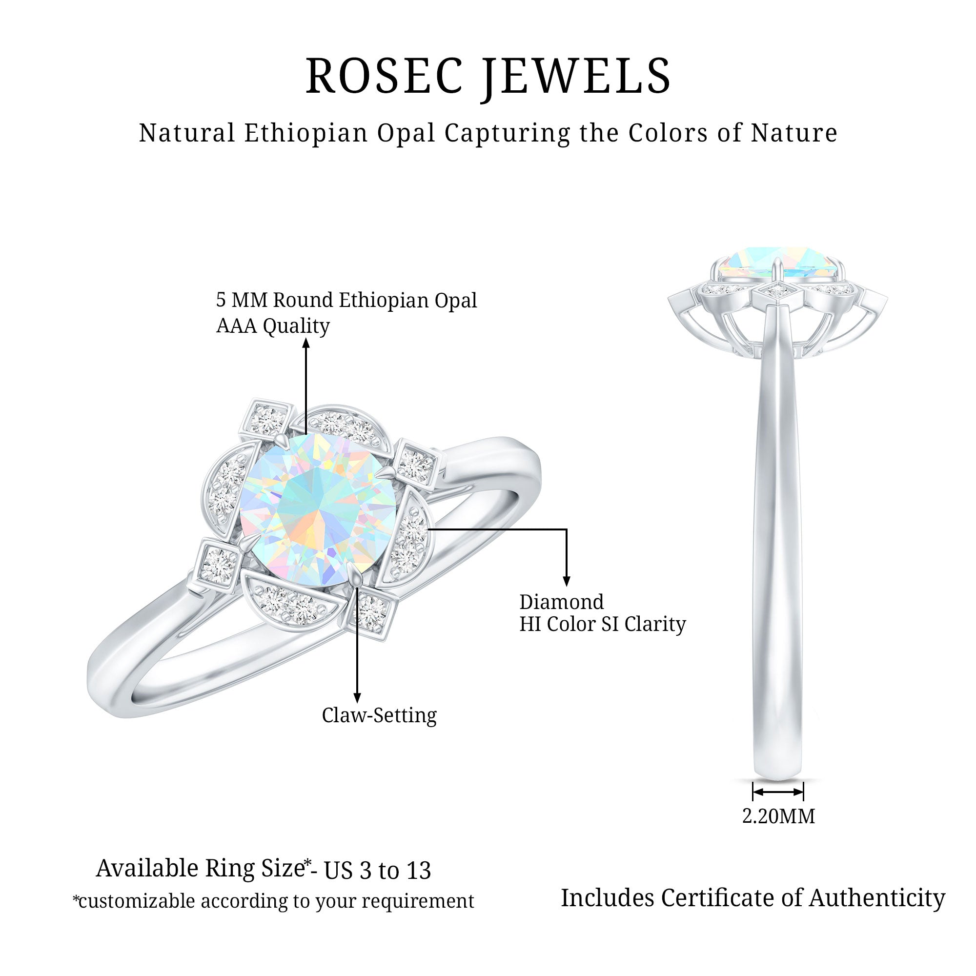 Real Ethiopian Opal Vintage Looking Engagement Ring with Diamond AAA - Rosec Jewels