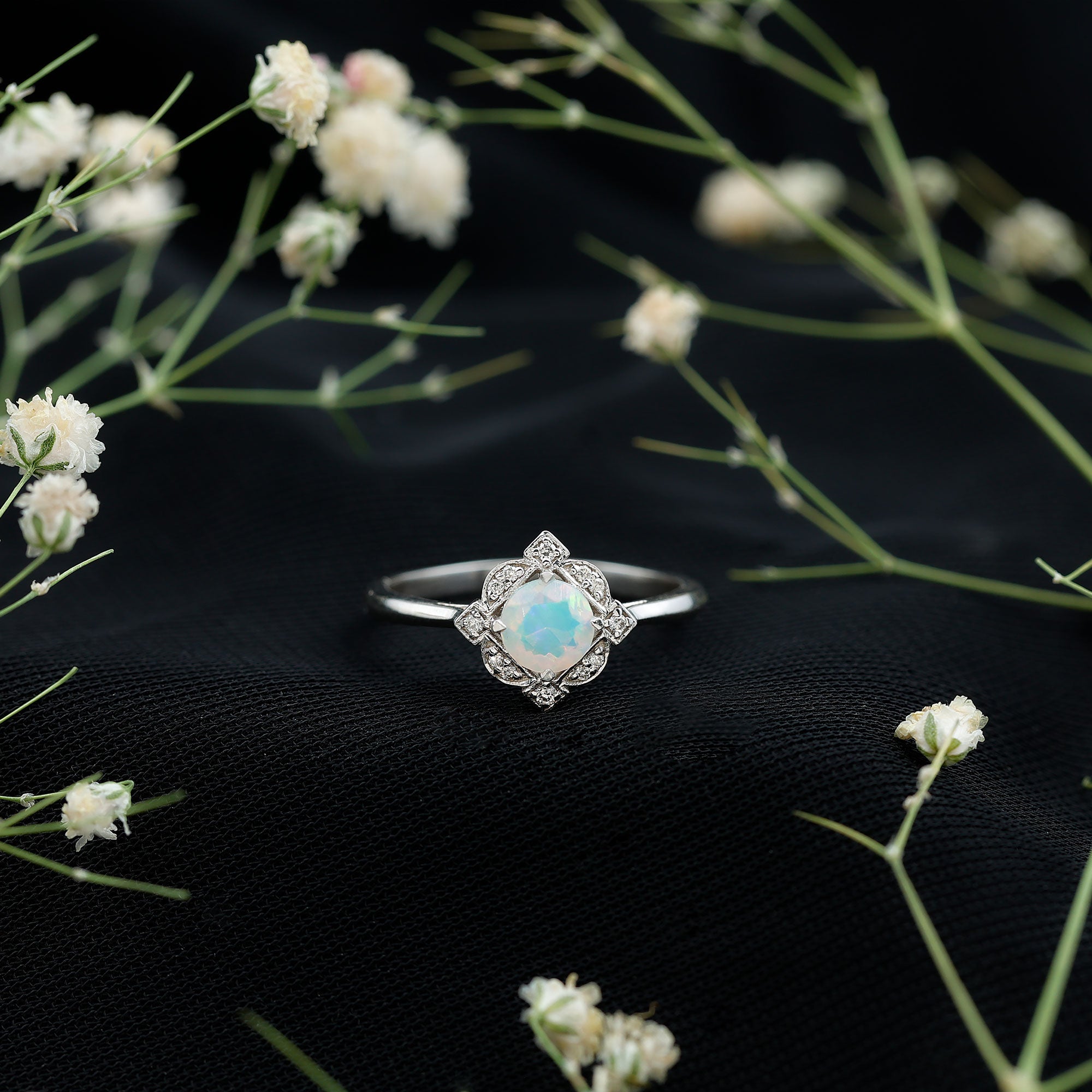 Real Ethiopian Opal Vintage Looking Engagement Ring with Diamond AAA - Rosec Jewels