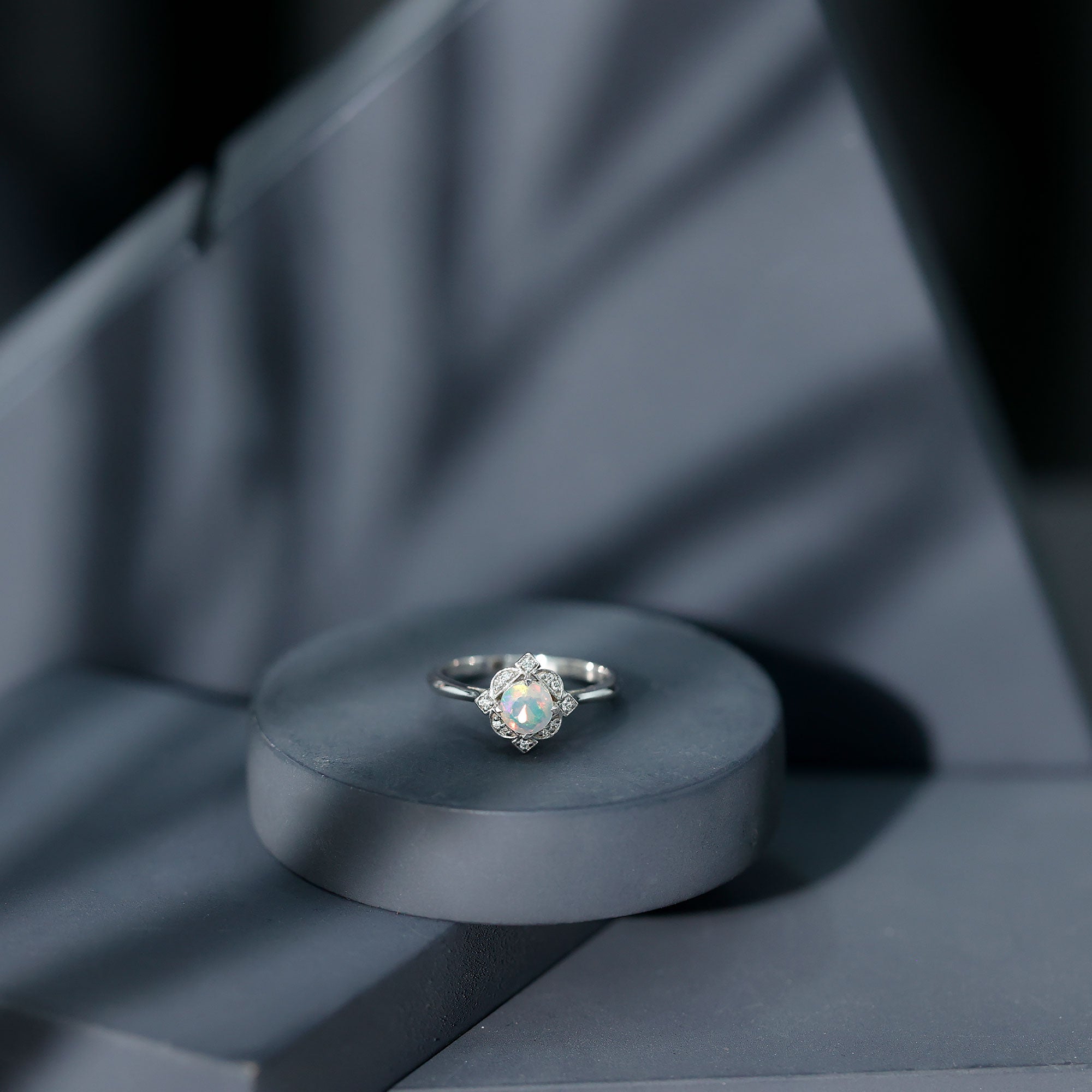 Real Ethiopian Opal Vintage Looking Engagement Ring with Diamond AAA - Rosec Jewels