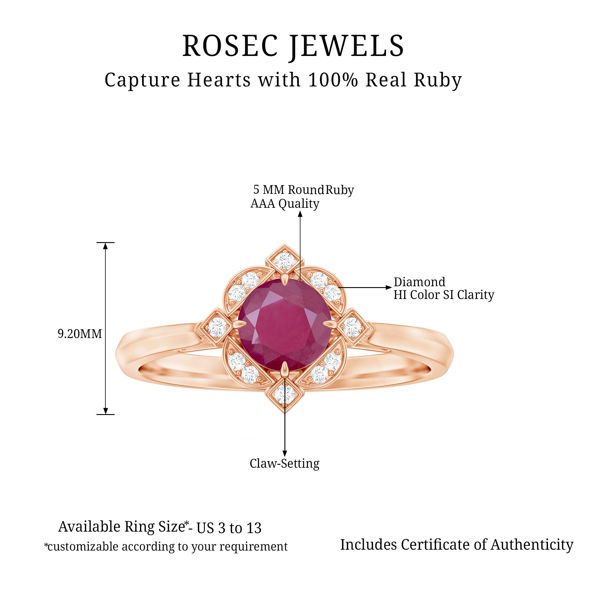 Vintage Style 0.6 Carat Ruby Engagement Ring with Diamond Halo AAA - Rosec Jewels