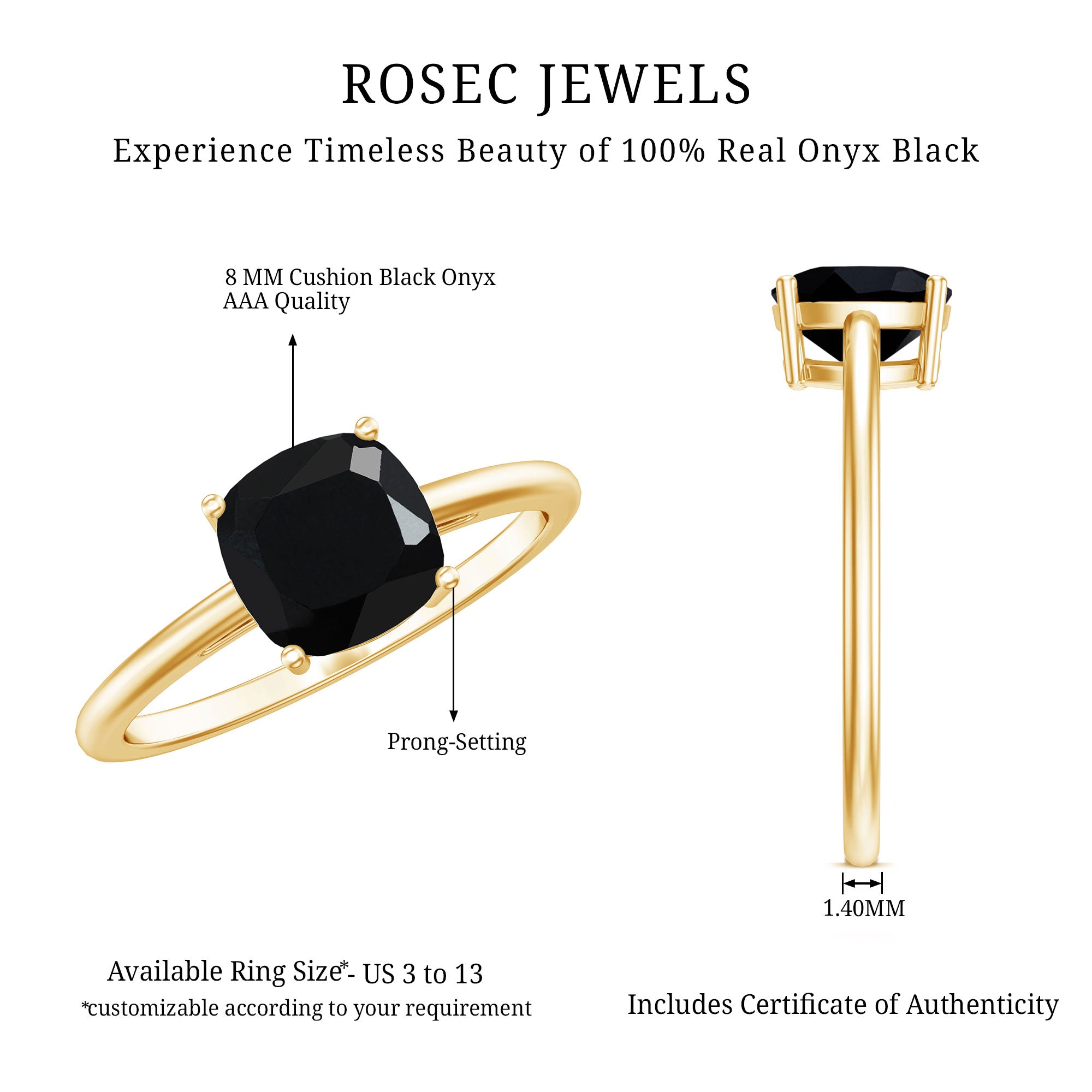 Certified Black Onyx 8MM Cushion Cut Engagement Ring AAA - Rosec Jewels