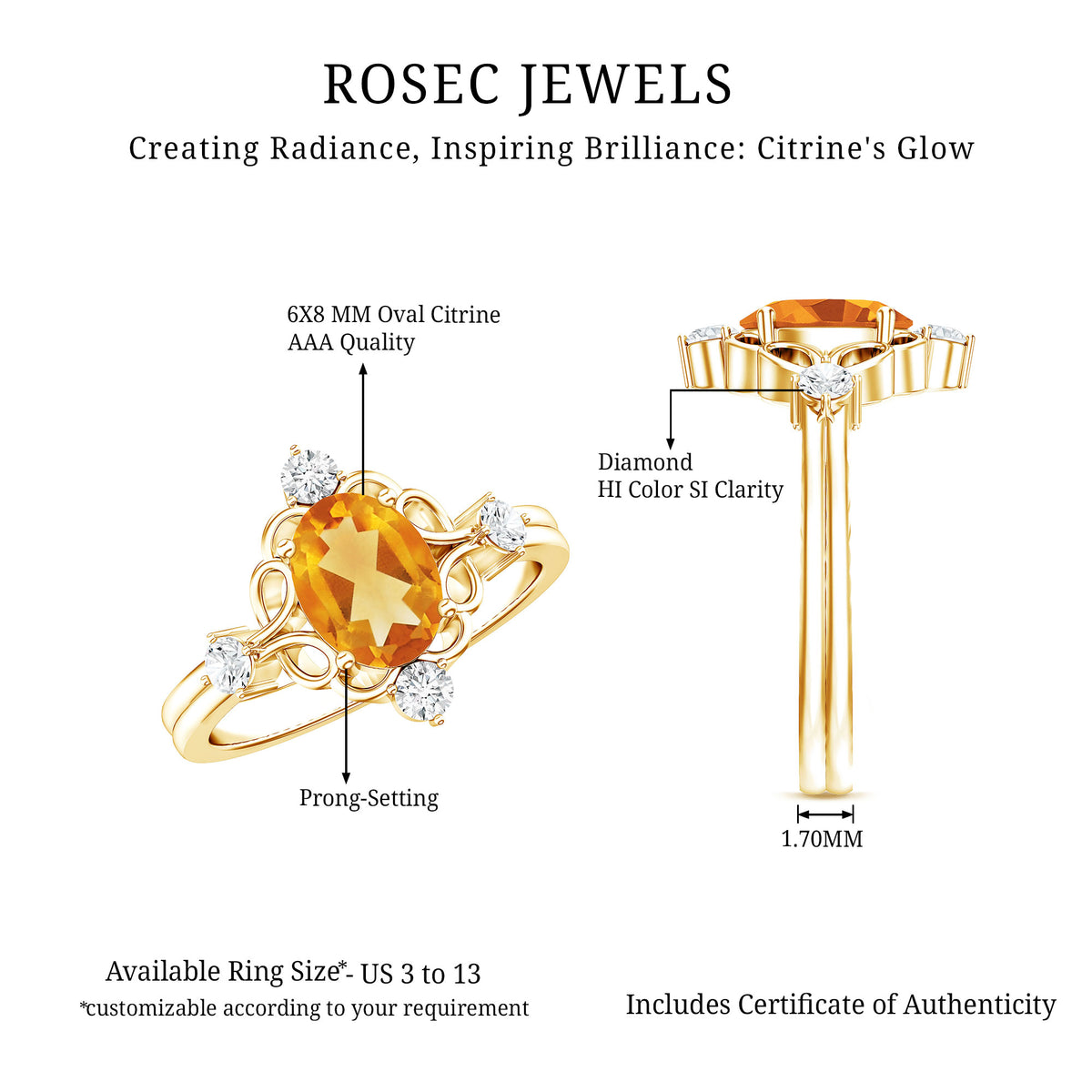 Vintage Style 1 Carat Citrine Oval Engagement Ring with Diamond AAA - Rosec Jewels