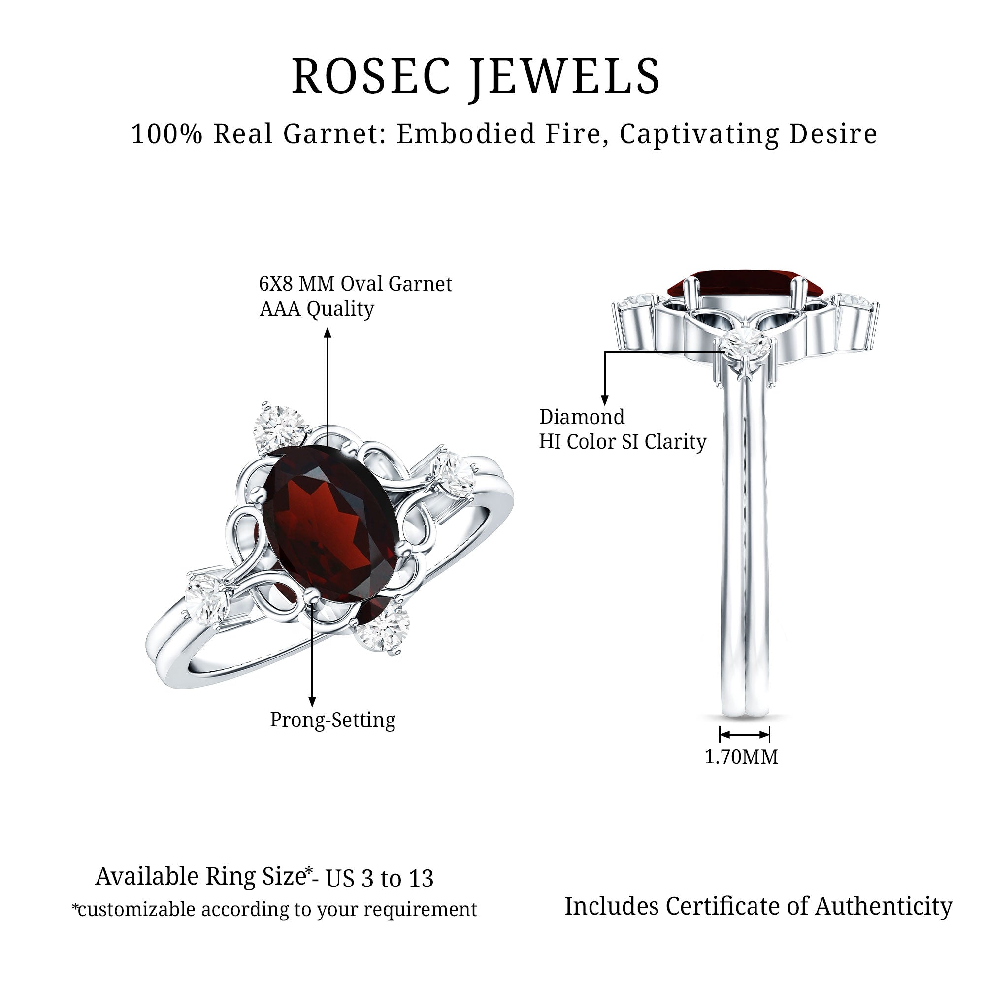 Vintage looking 1.5 Carat Oval Garnet Engagement Ring with Diamond AAA - Rosec Jewels