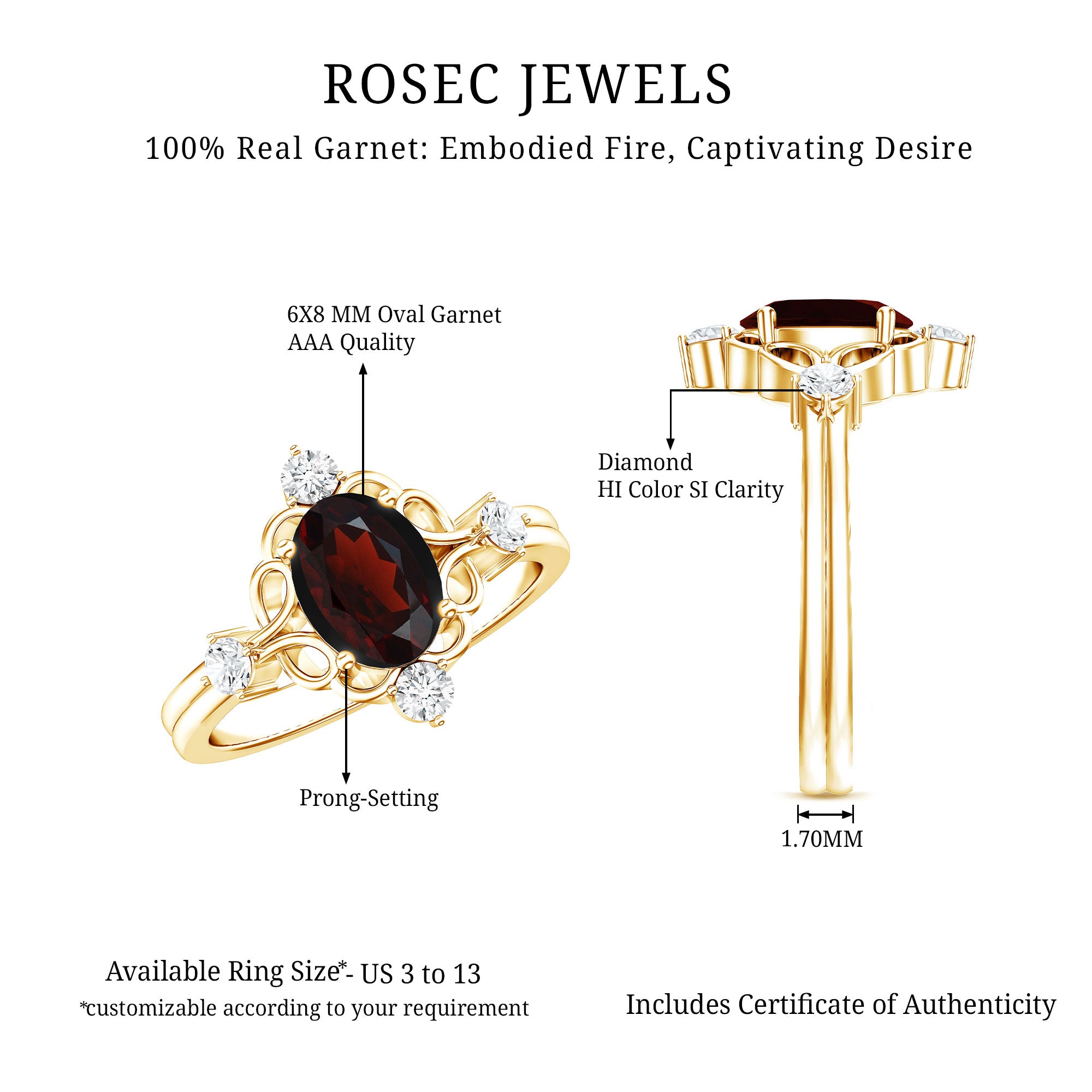 Vintage looking 1.5 Carat Oval Garnet Engagement Ring with Diamond AAA - Rosec Jewels