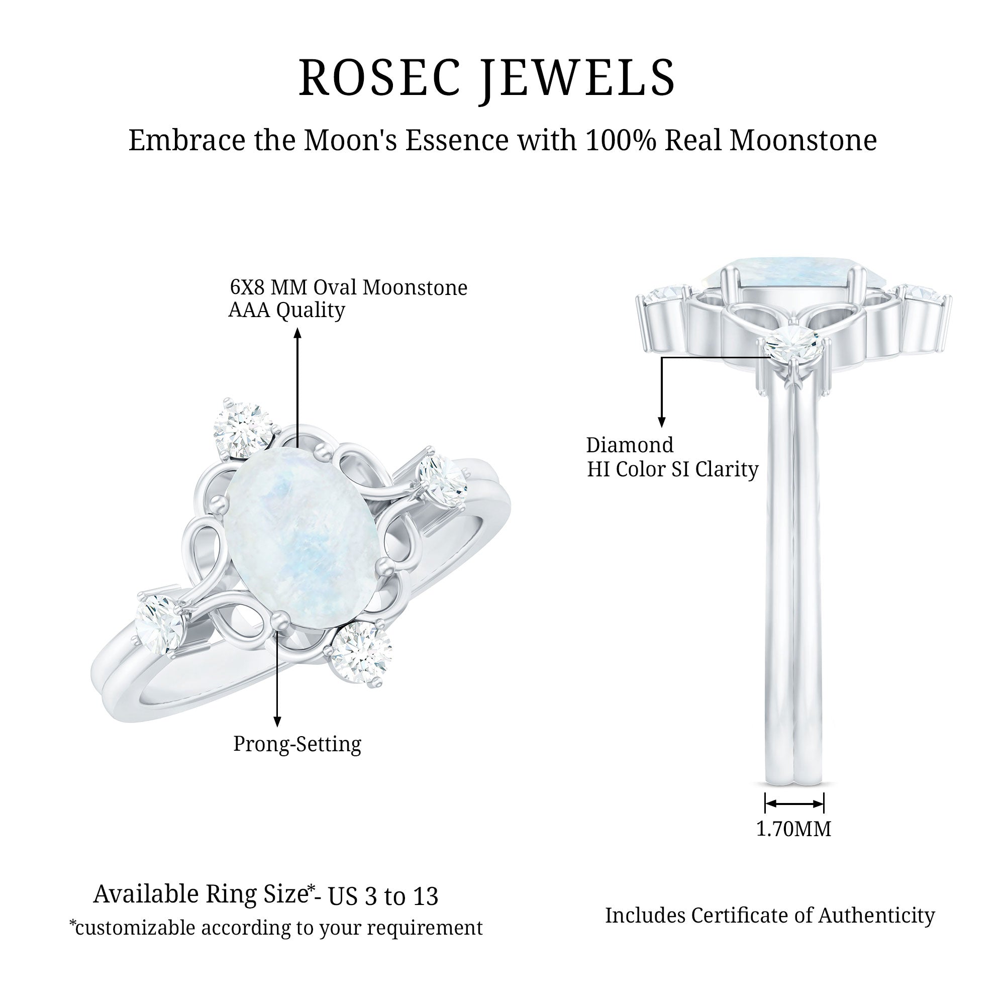 Oval Moonstone Cocktail Ring with Diamond AAA - Rosec Jewels