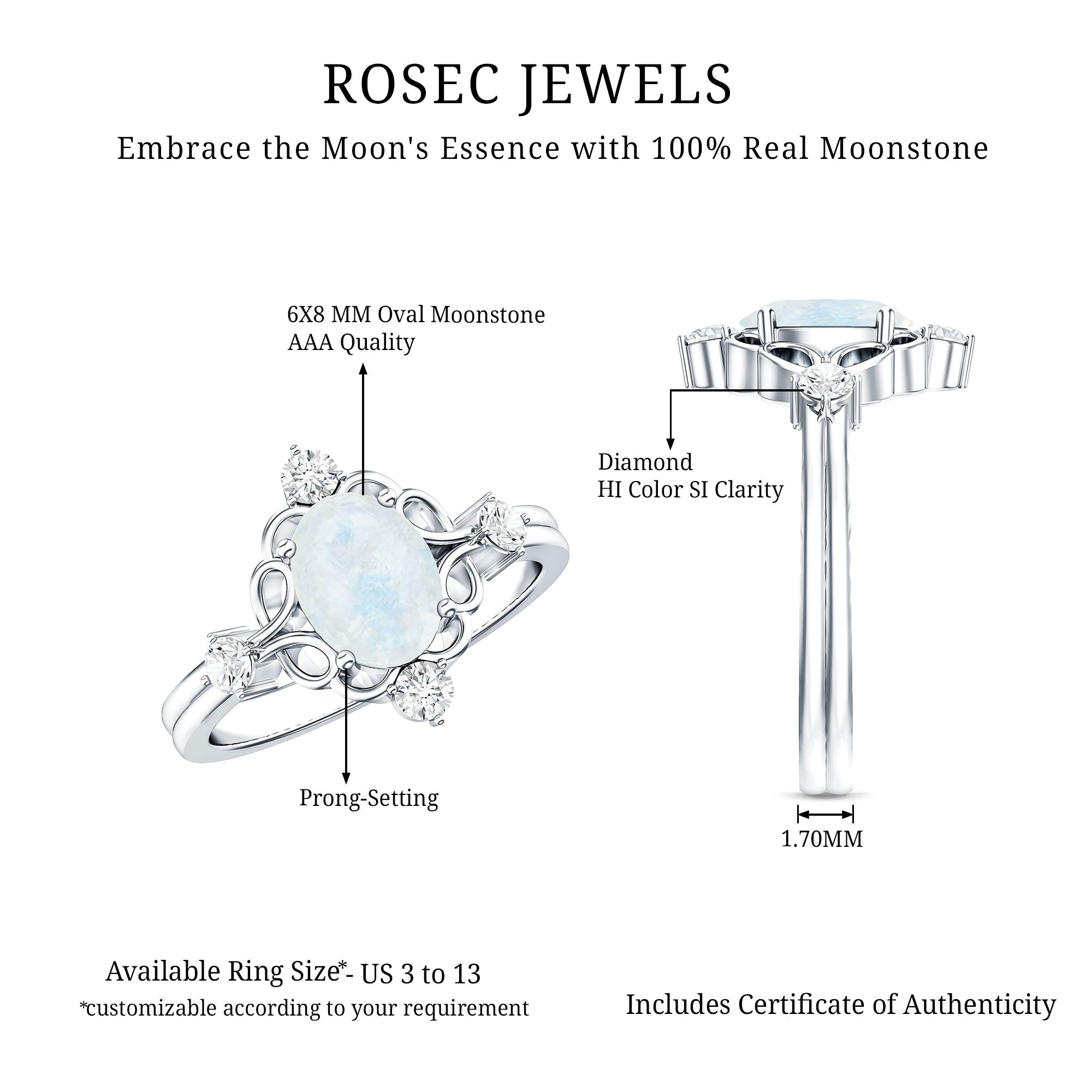 Oval Moonstone Cocktail Ring with Diamond AAA - Rosec Jewels