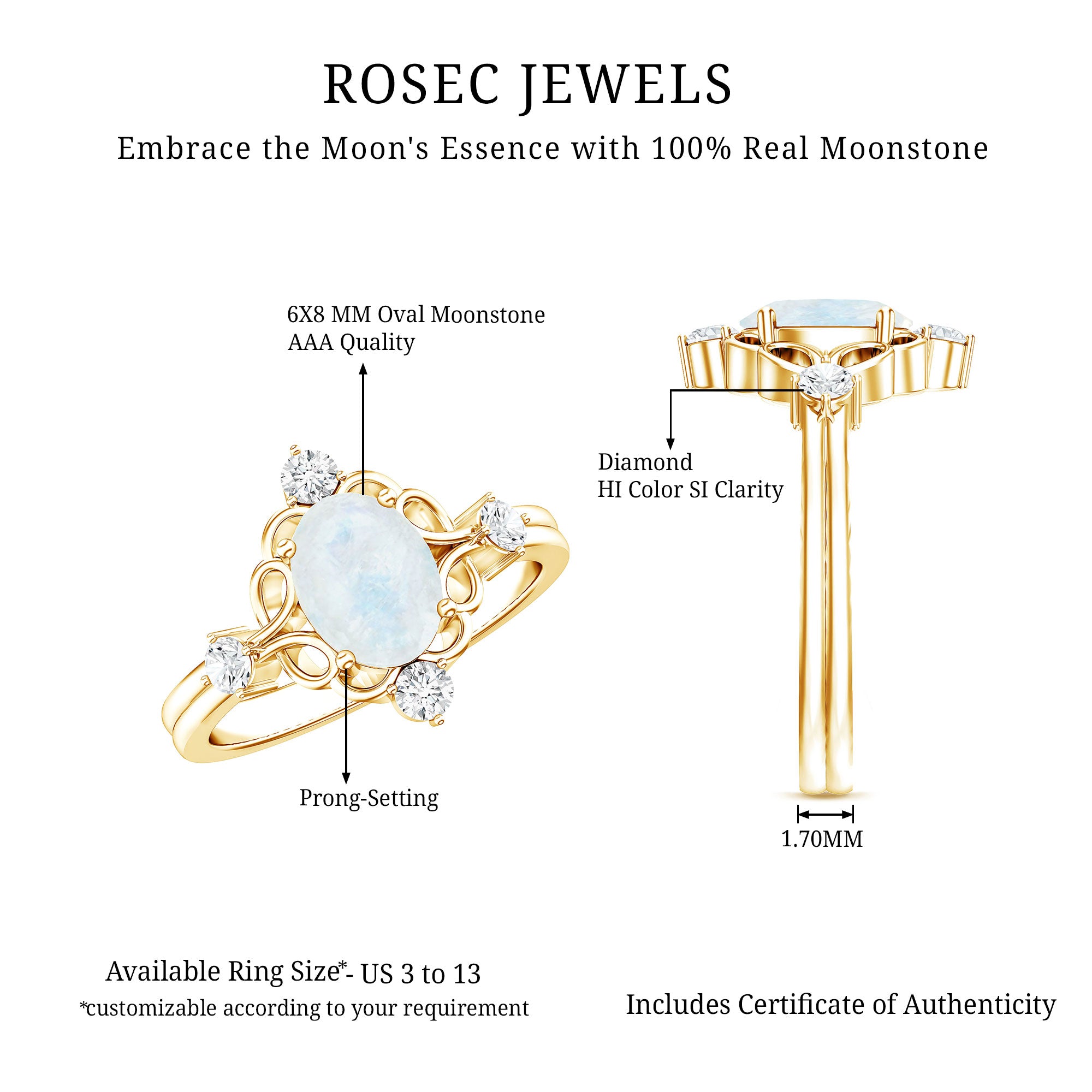 Oval Moonstone Cocktail Ring with Diamond AAA - Rosec Jewels