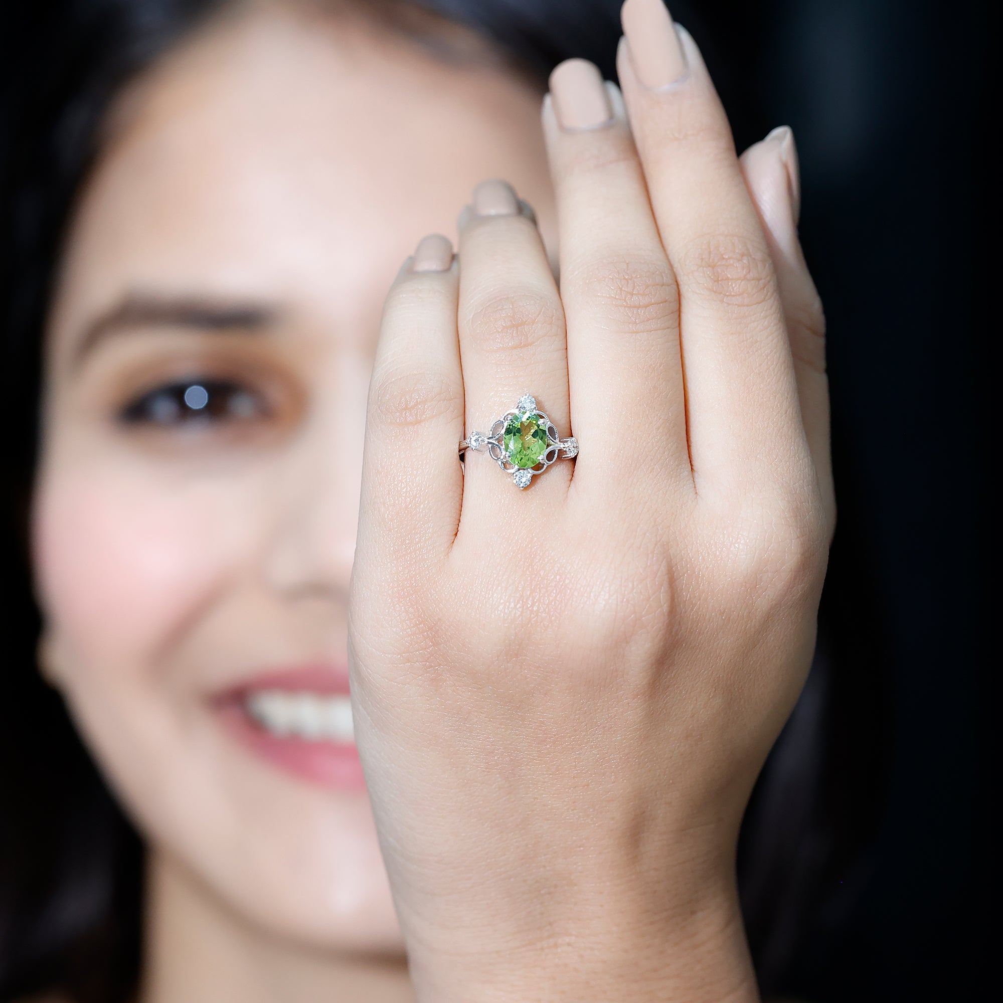 Oval Peridot Cocktail Ring with Diamond AAA - Rosec Jewels