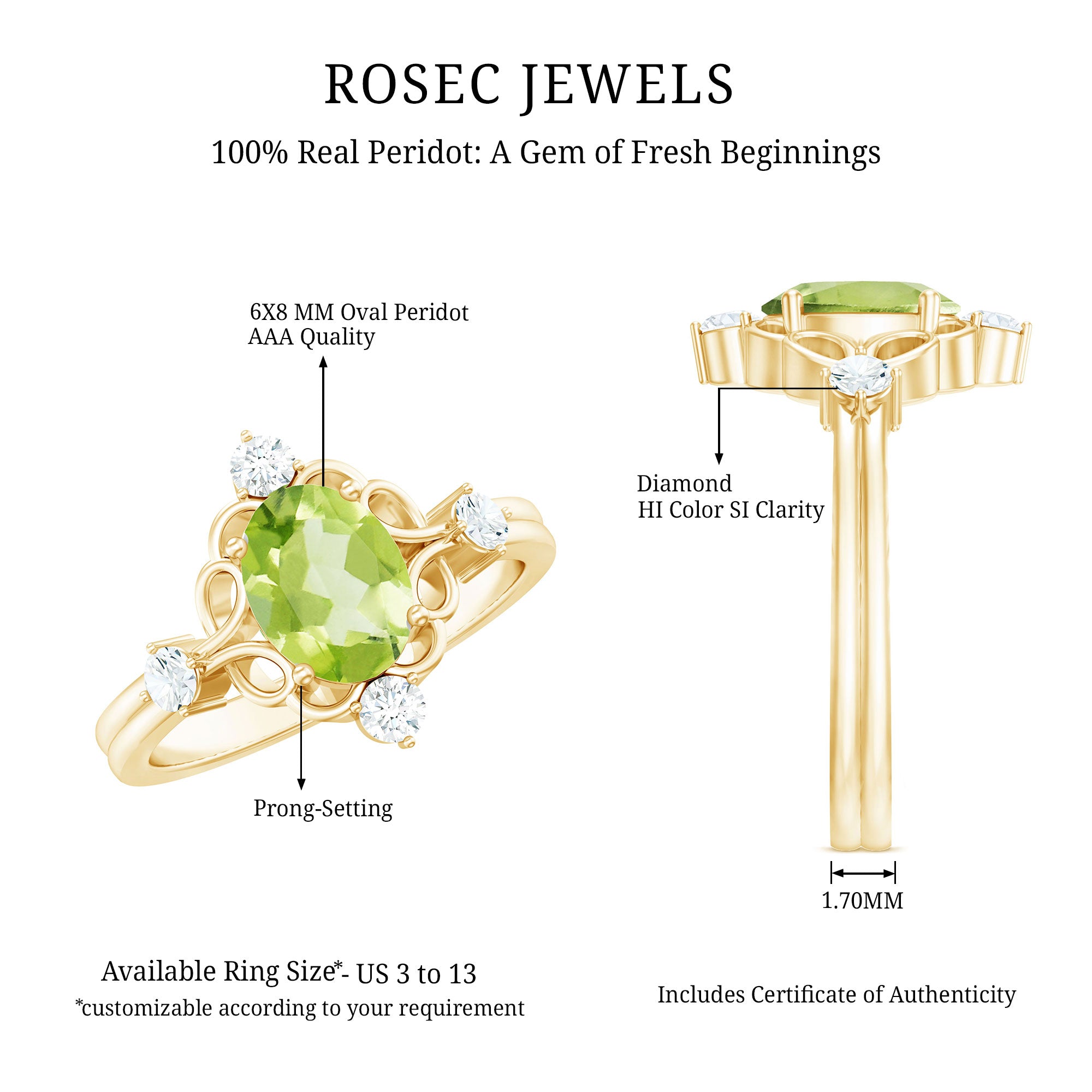 Oval Peridot Cocktail Ring with Diamond AAA - Rosec Jewels