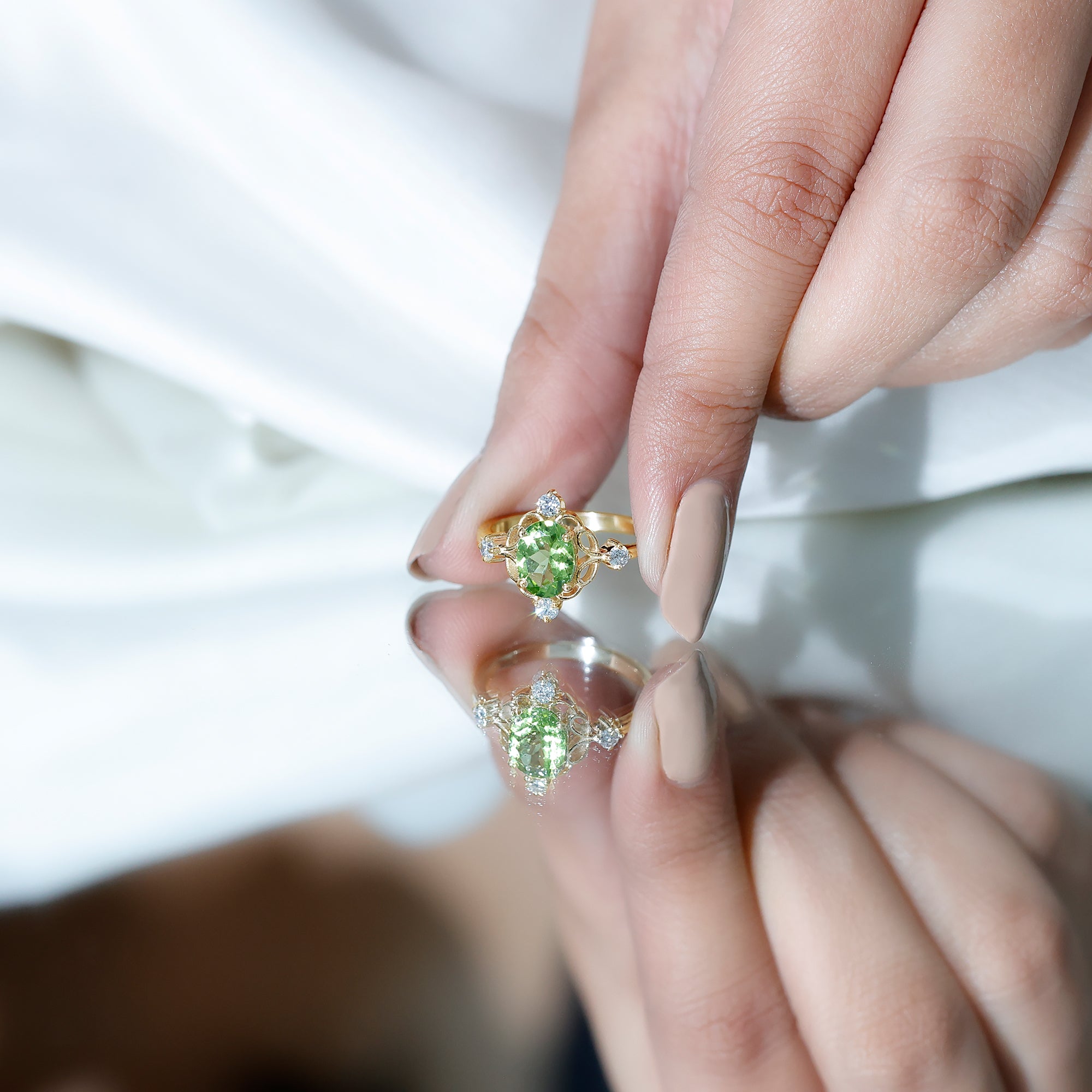 Oval Peridot Cocktail Ring with Diamond AAA - Rosec Jewels