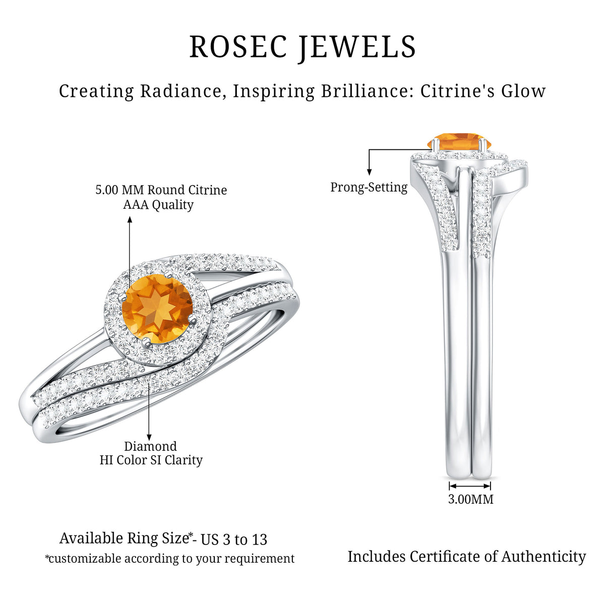 Genuine Citrine Engagement Ring with Diamond Wedding Band AAA - Rosec Jewels
