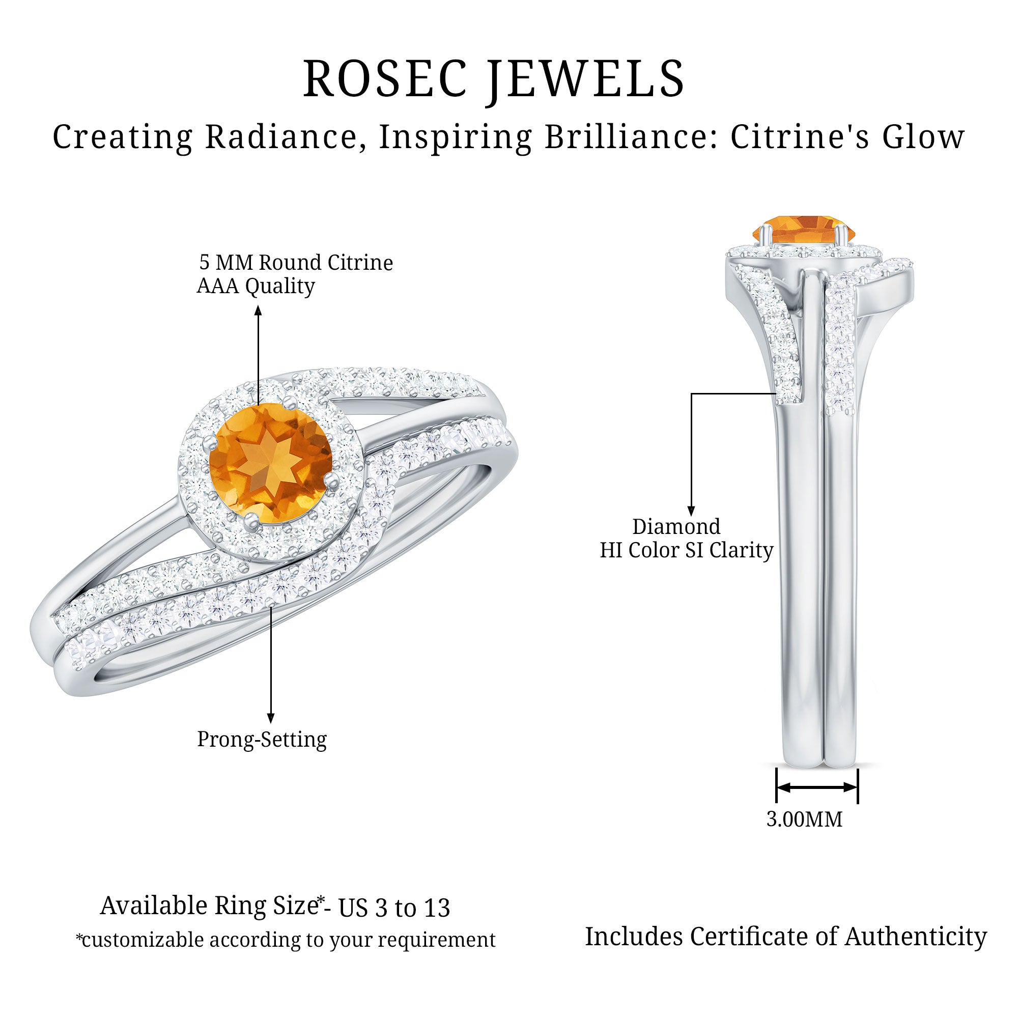Genuine Citrine Engagement Ring with Diamond Wedding Band AAA - Rosec Jewels