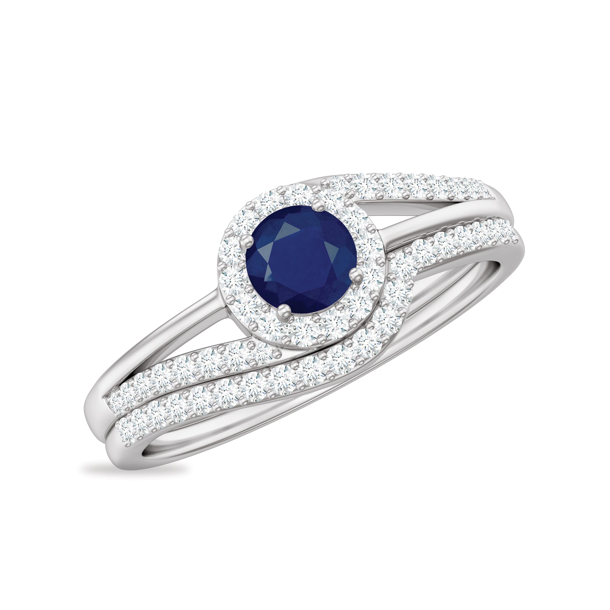 1 CT Bypass trouwringset met blauwe saffier en diamant