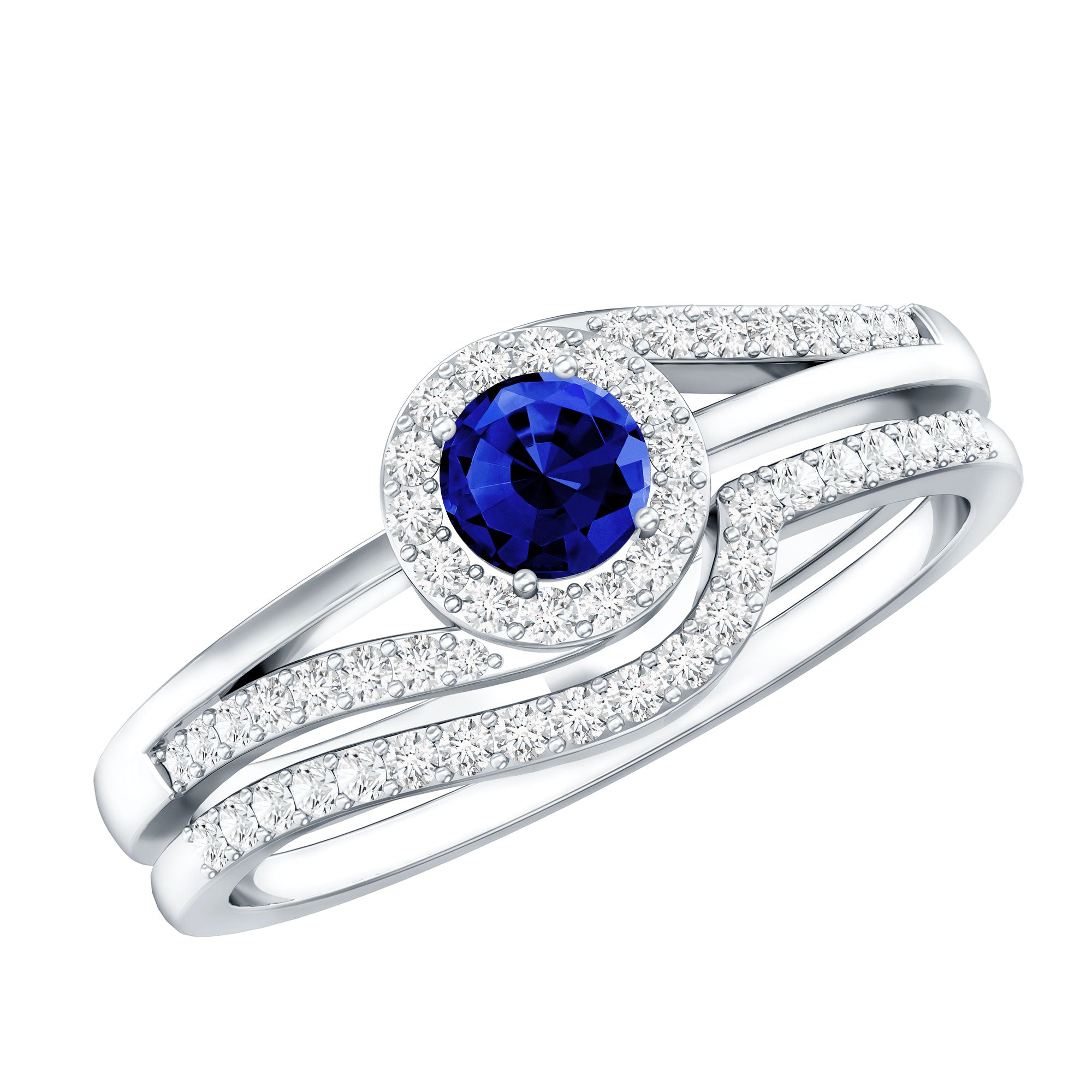 Certified Lab Grown Blue Sapphire Wedding Engagement Ring Set with Diamond AAAA - Rosec Jewels
