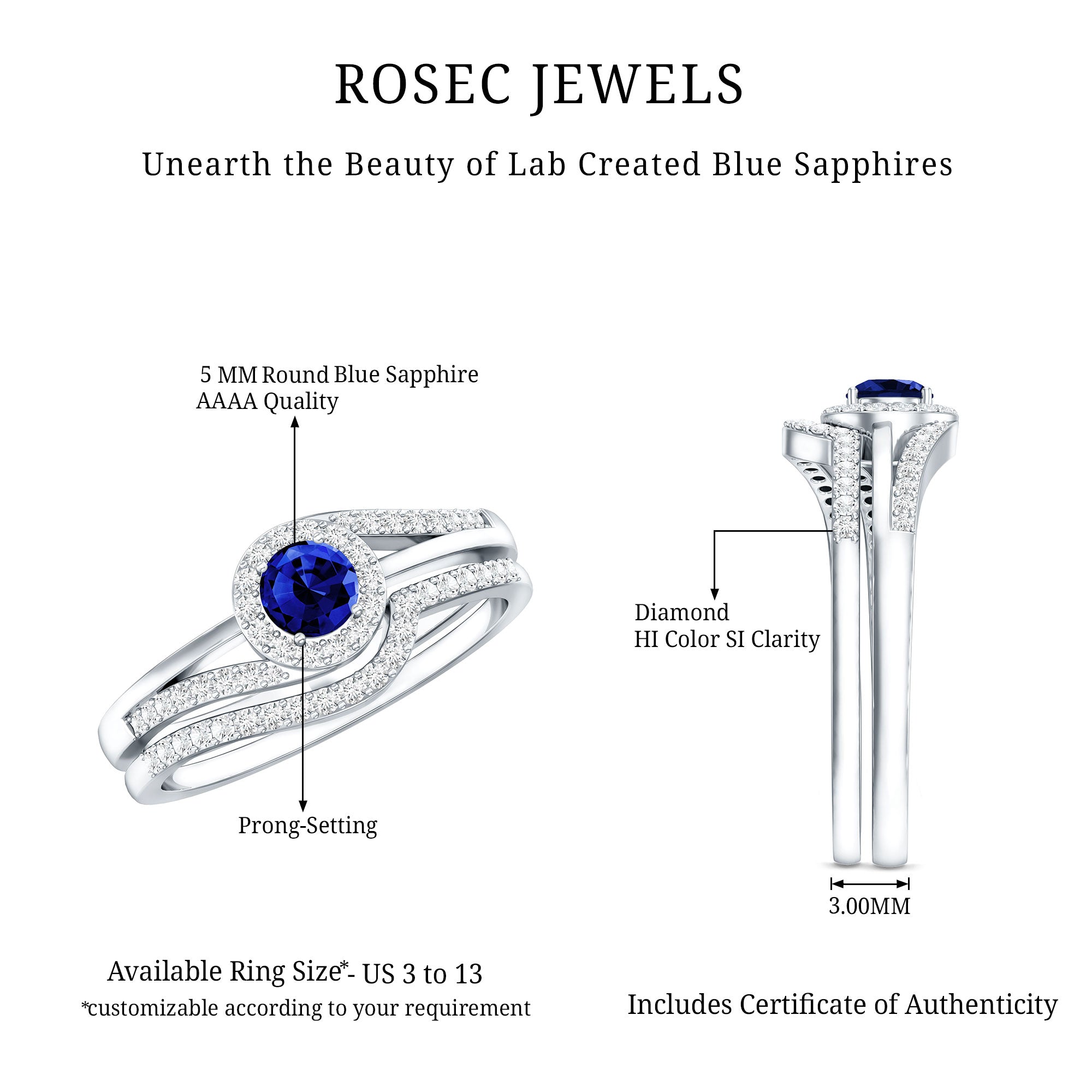 Certified Lab Grown Blue Sapphire Wedding Engagement Ring Set with Diamond AAAA - Rosec Jewels