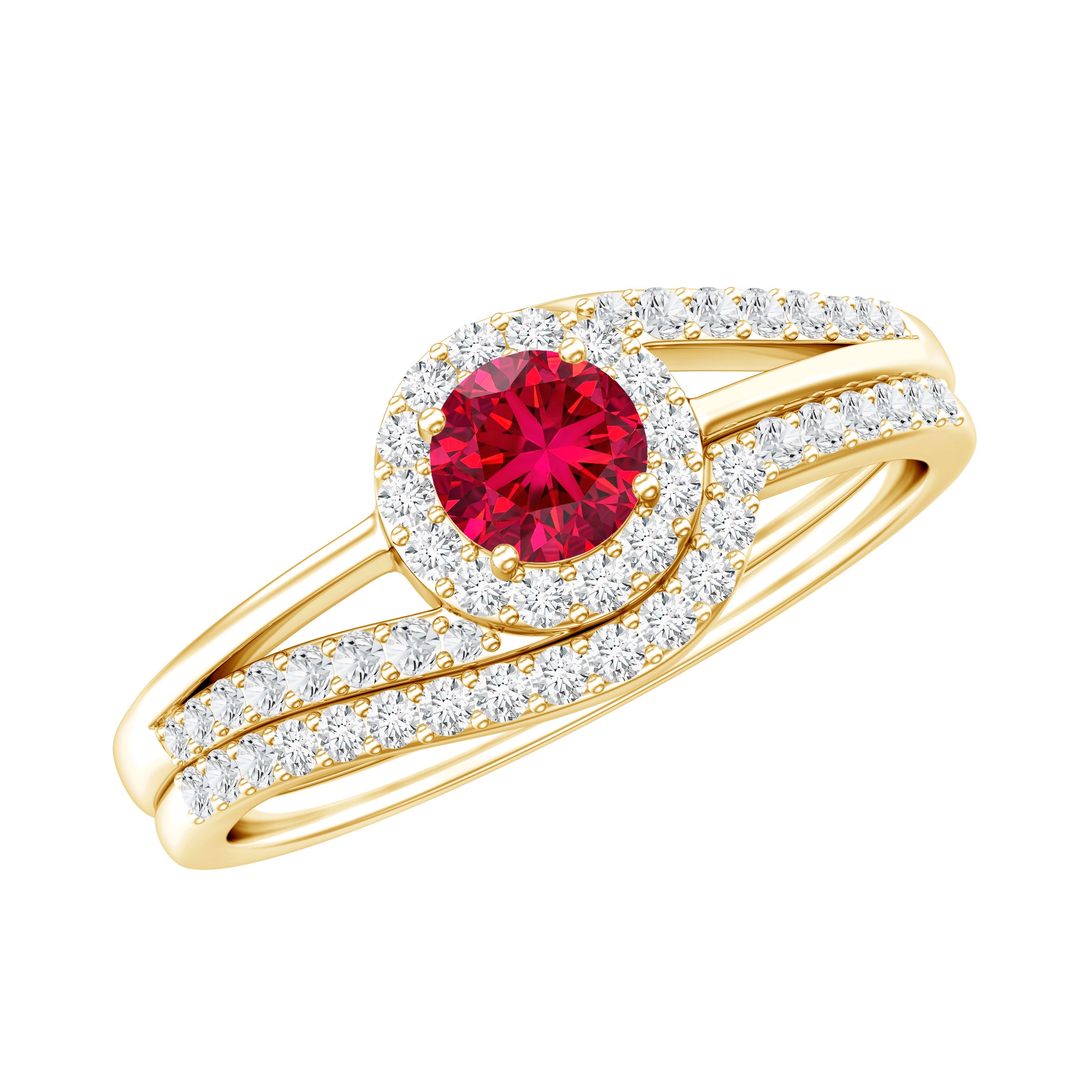 Certified Lab Ruby and Diamond Halo Wedding Ring Set AAAA - Rosec Jewels