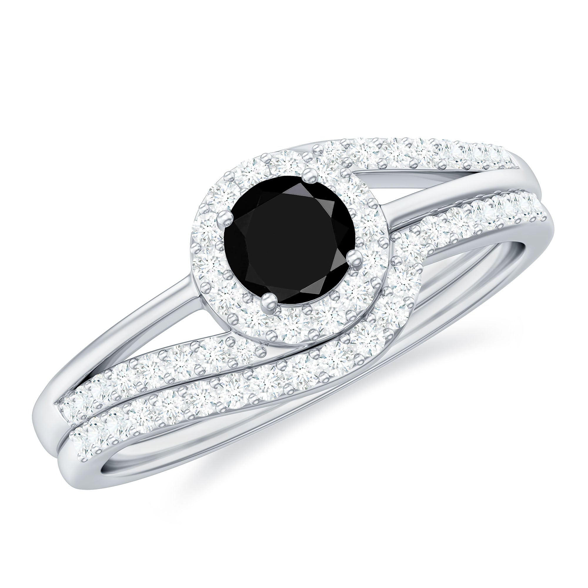 Black Onyx Minimal Wedding Rings Set with Diamond Curved Band AAA - Rosec Jewels