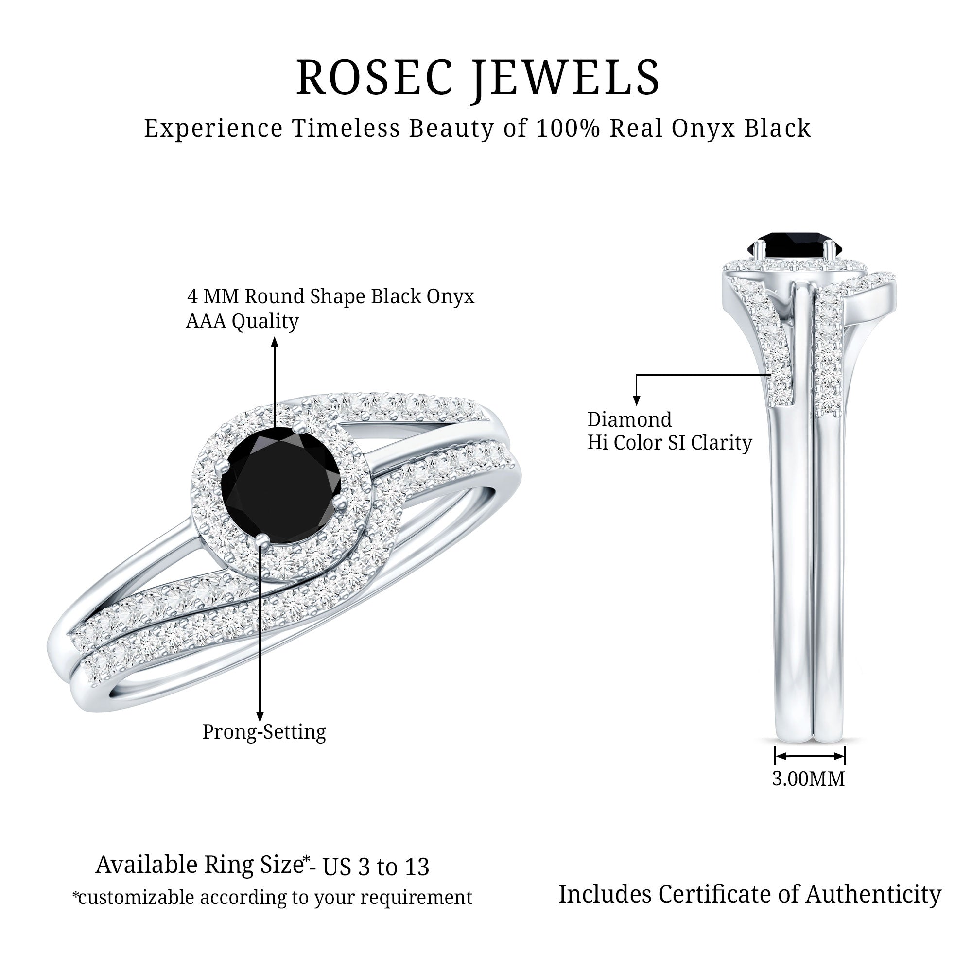 Black Onyx Minimal Wedding Rings Set with Diamond Curved Band AAA - Rosec Jewels