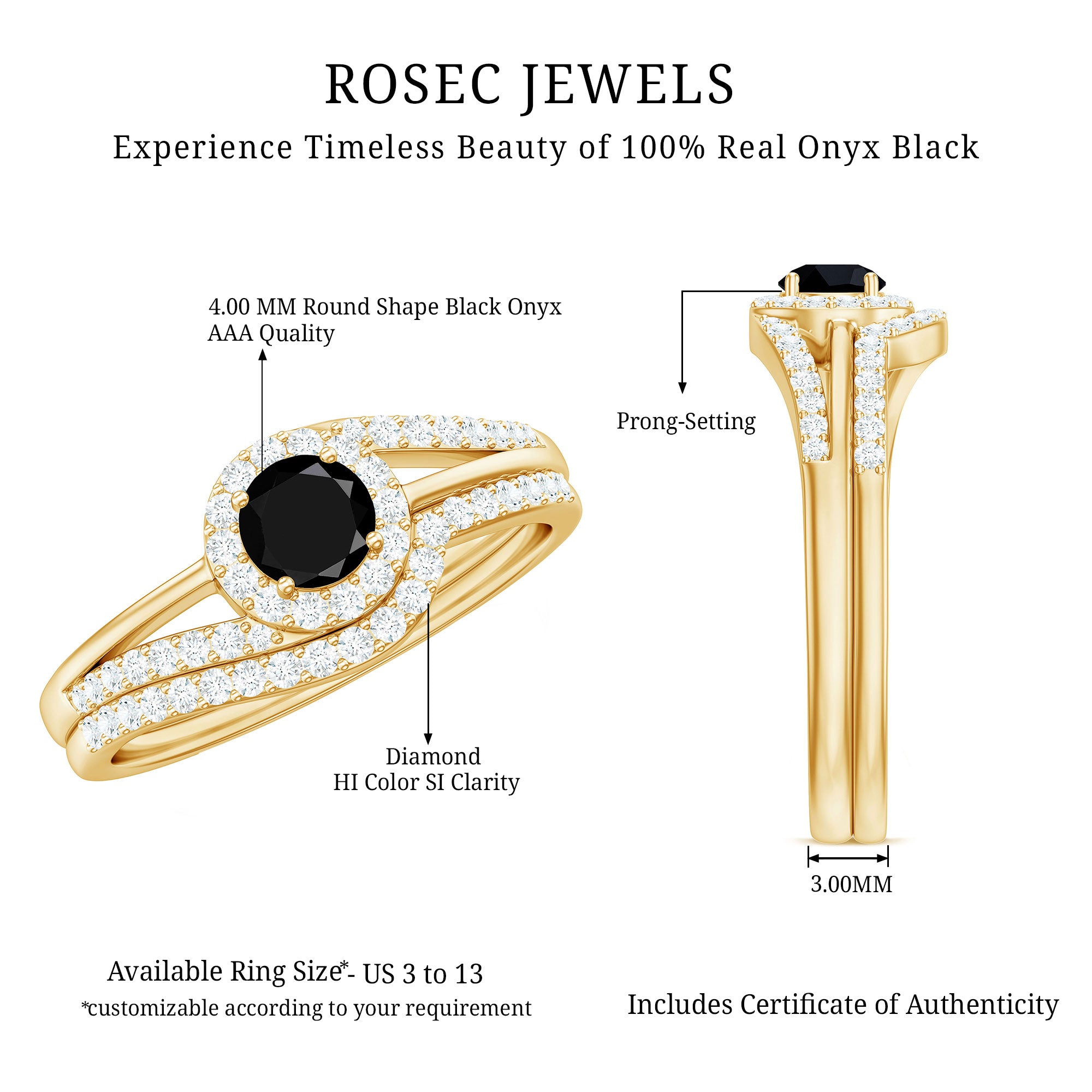 Black Onyx Minimal Wedding Rings Set with Diamond Curved Band AAA - Rosec Jewels