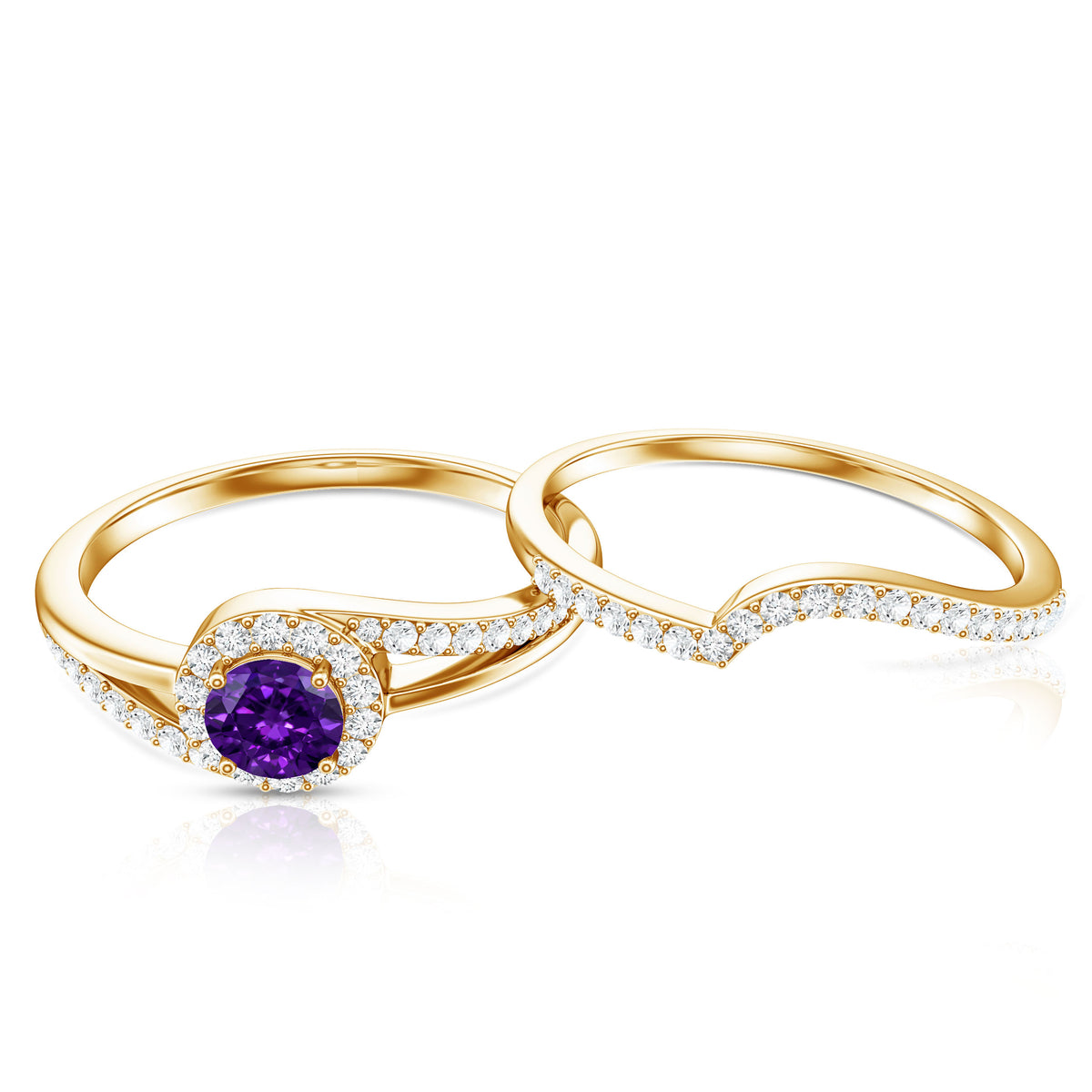 0.4 Carat Natural Amethyst Diamond Wedding Bridal Ring Set of 2 AAA - Rosec Jewels