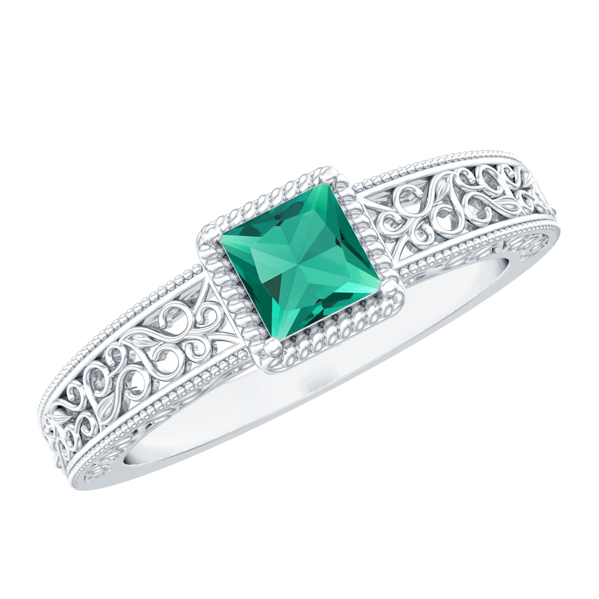 Vintage Inspired Princess Cut Lab Grown Emerald Promise Ring with Filigree Details