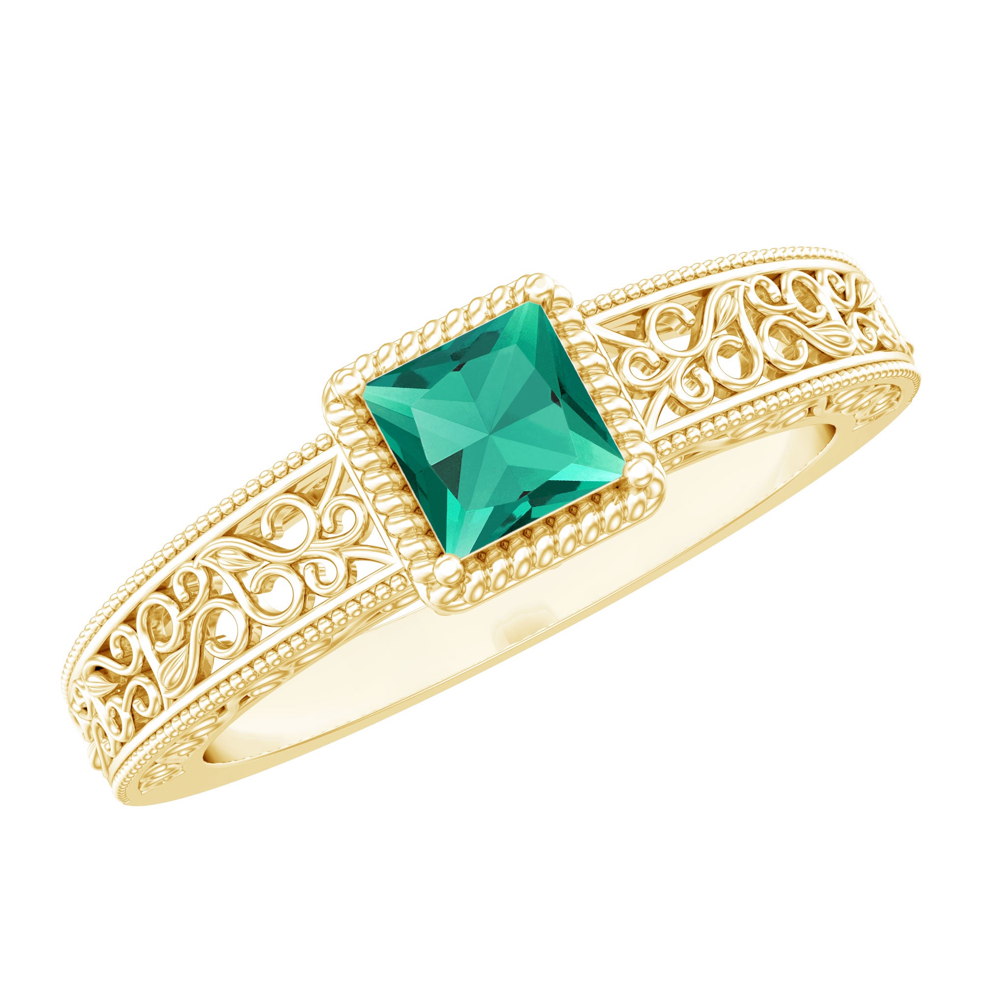 Vintage Inspired Princess Cut Lab Grown Emerald Promise Ring with Filigree Details AAAA - Rosec Jewels