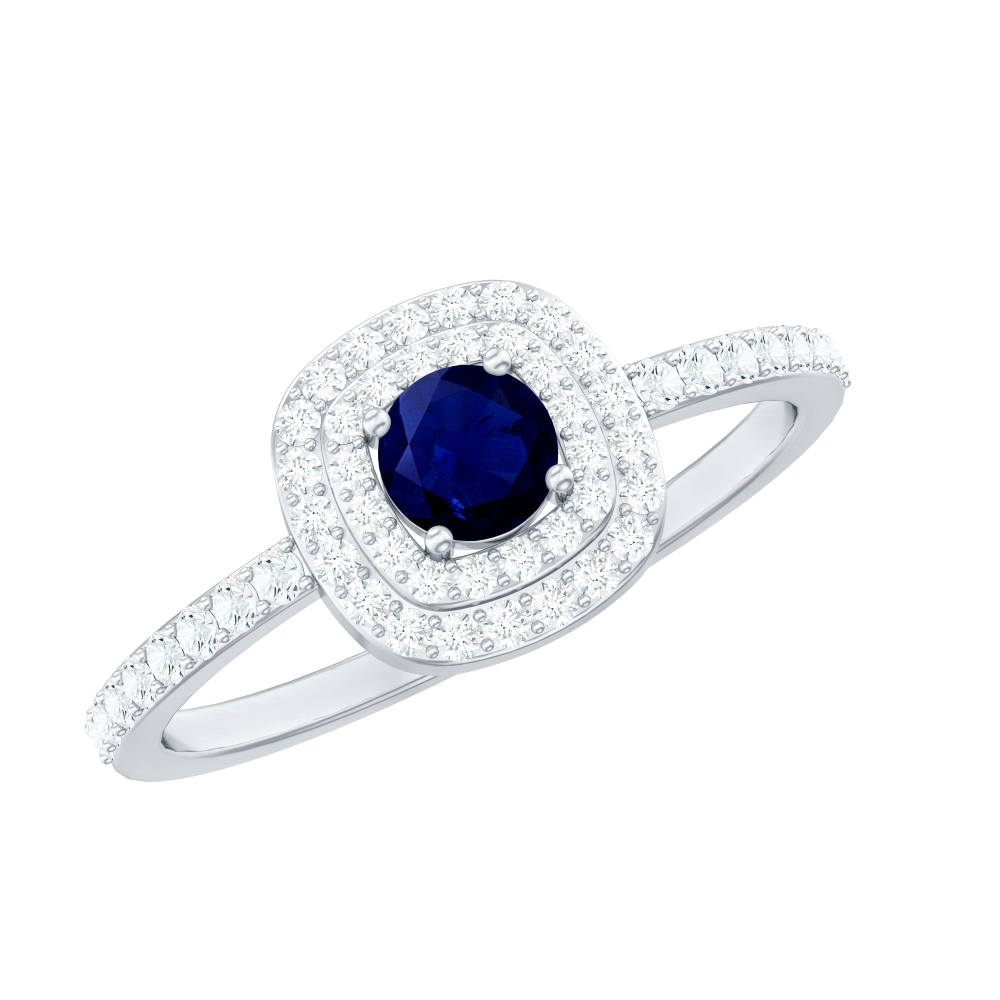 3/4 CT Classic Blue Sapphire Double Halo Engagement Ring with Diamond