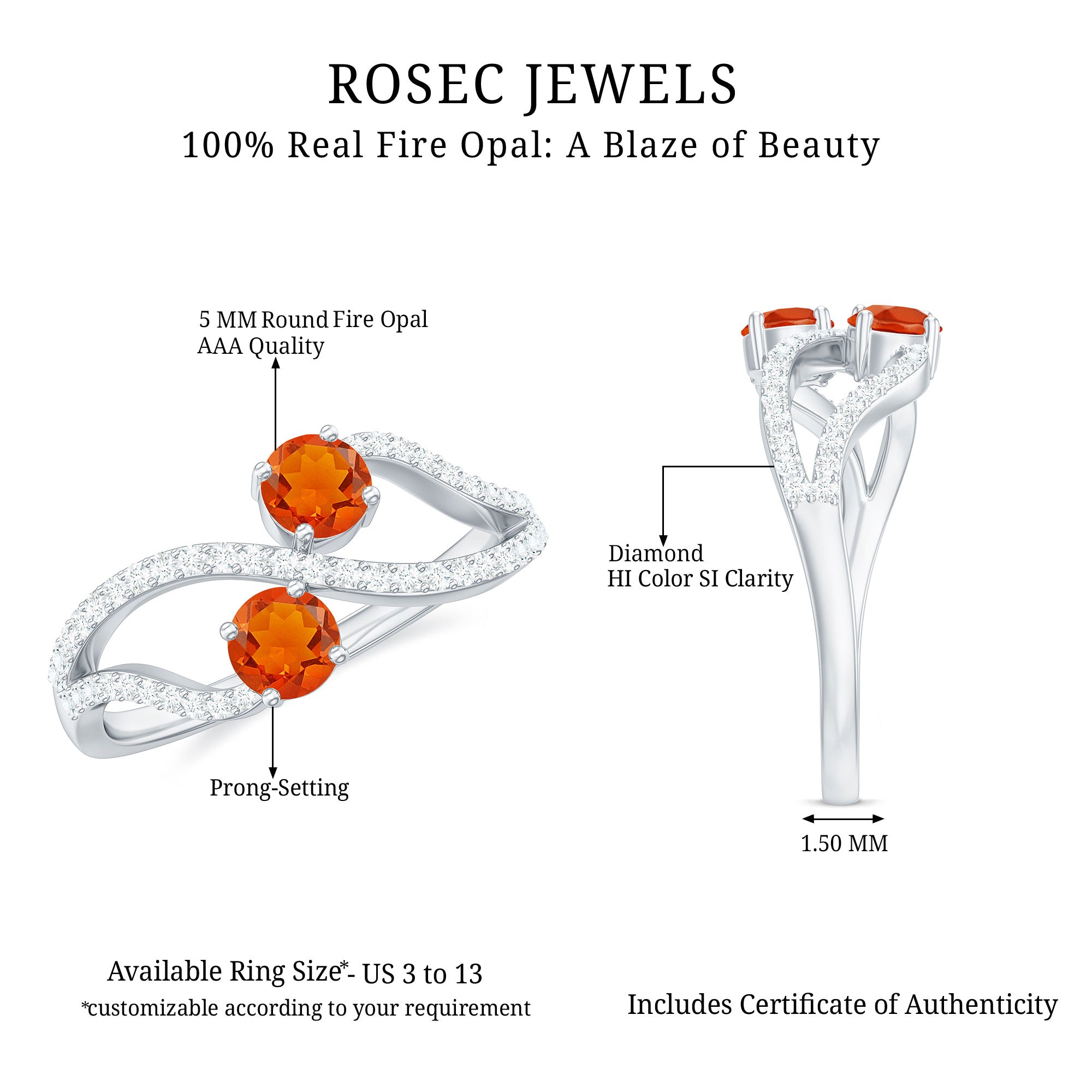 3/4 CT Minimal Fire Opal and Diamond Engagement Ring AAA - Rosec Jewels