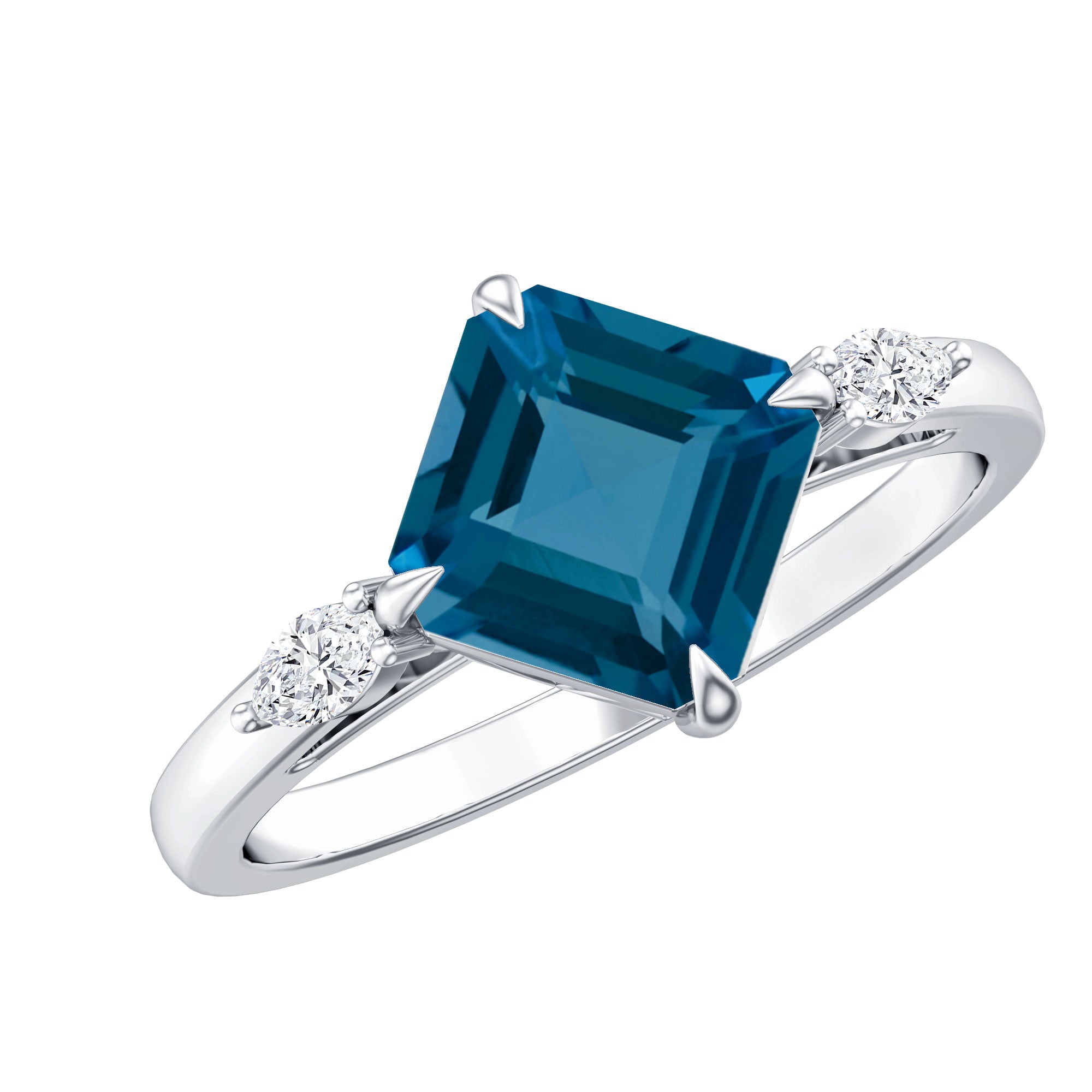 8mm Asscher Cut London Blue Topaz Diagonal Solitaire Ring with Marquise Diamond