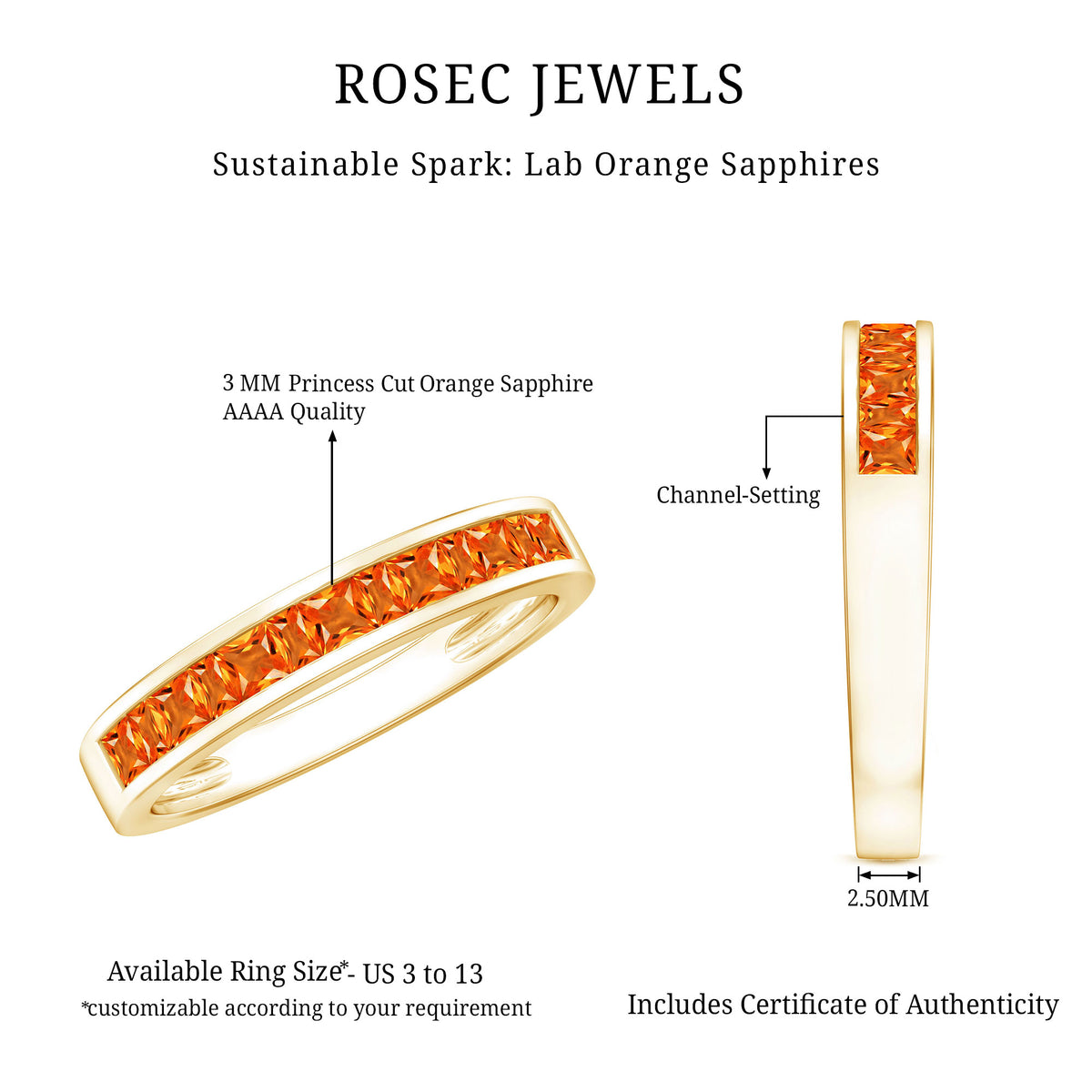 Princess Cut Lab Grown Orange Sapphire Half Eternity Band in Channel Set AAAA - Rosec Jewels
