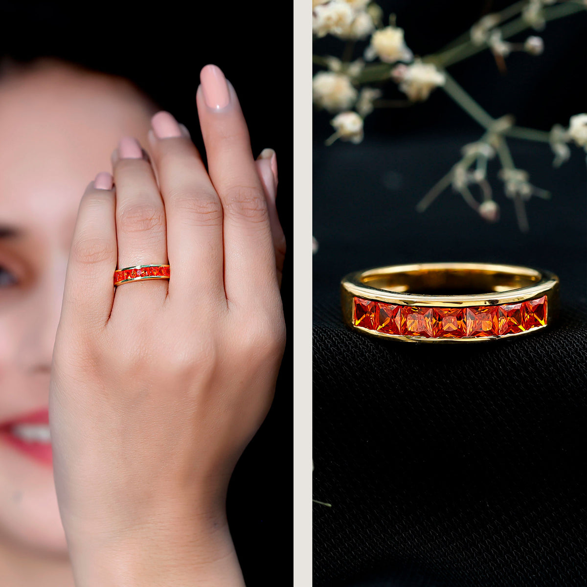 Princess Cut Lab Grown Orange Sapphire Half Eternity Band in Channel Set AAAA - Rosec Jewels