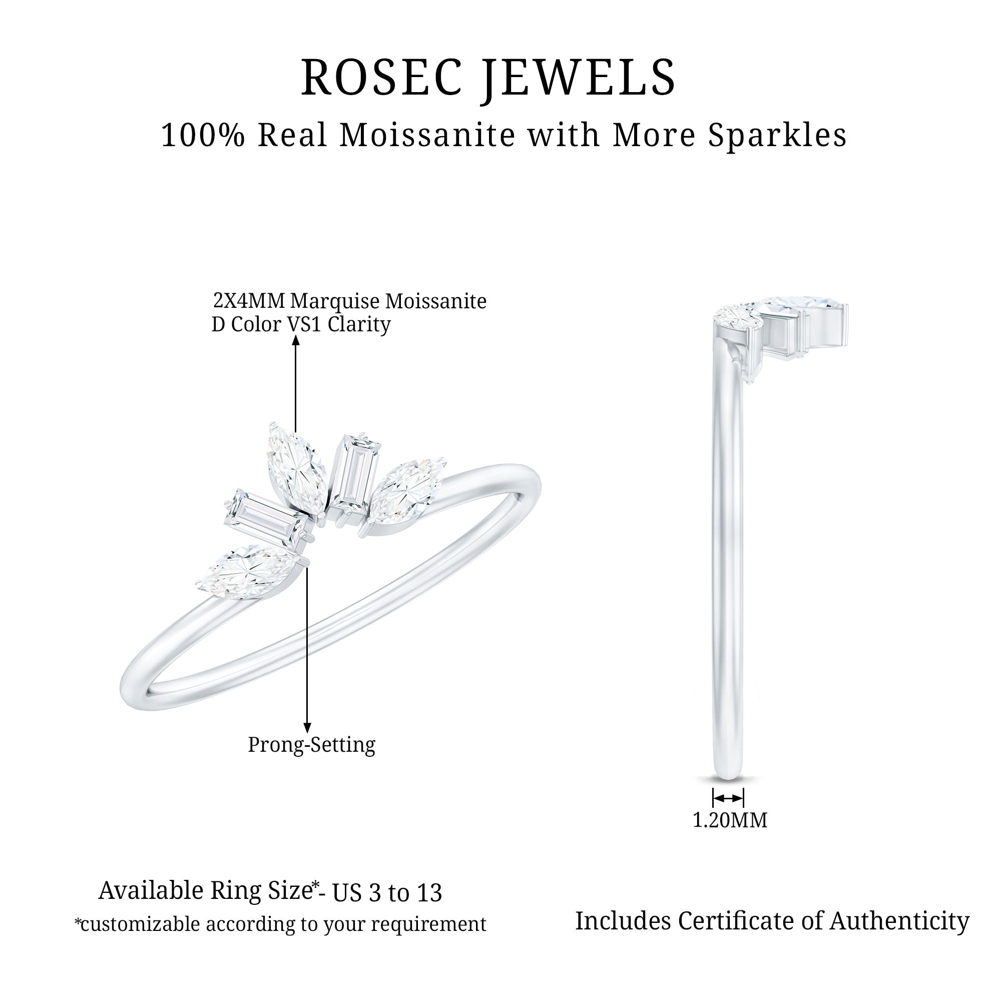 Marquise and Baguette Moissanite Enhancer Ring D-VS1 - Rosec Jewels