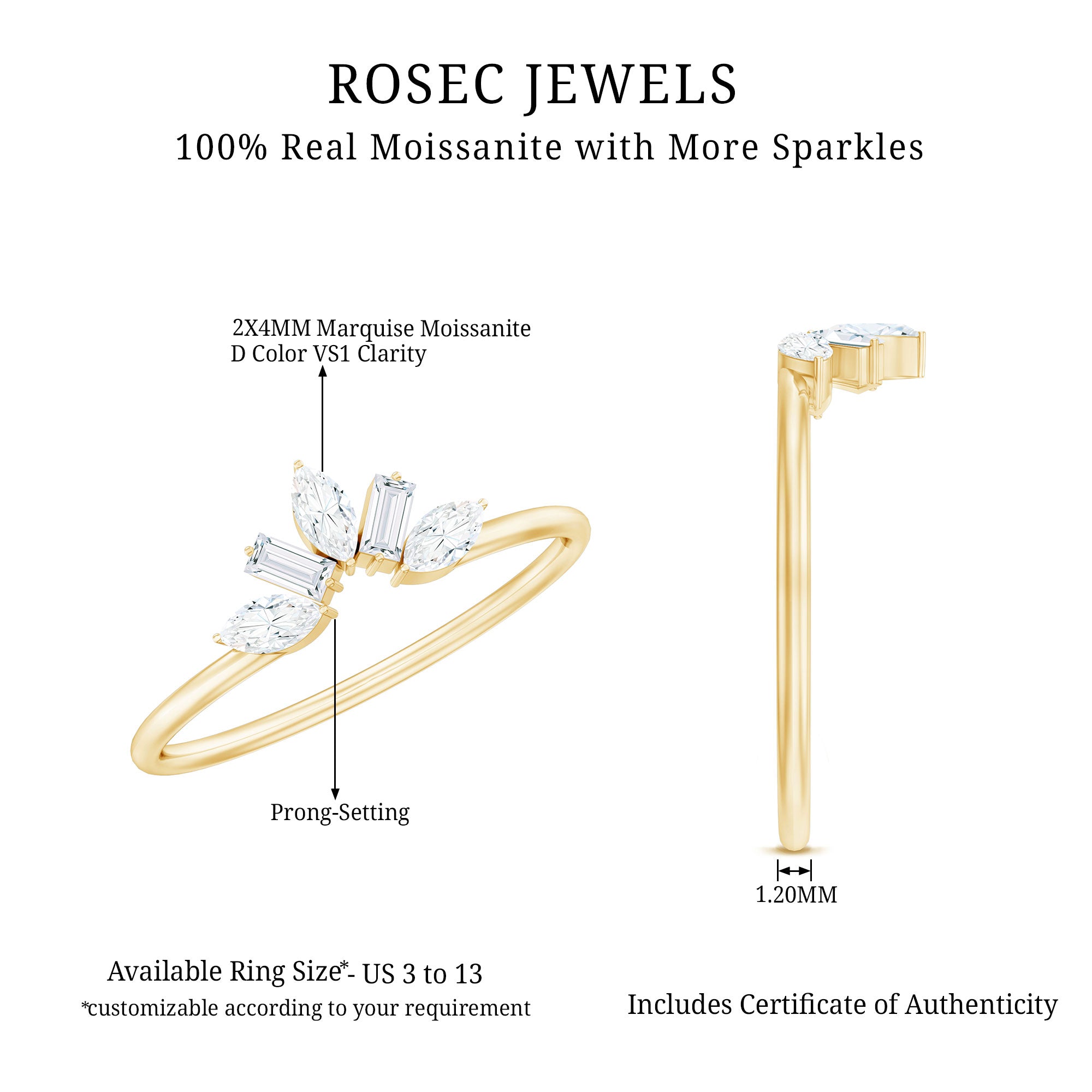 Marquise and Baguette Moissanite Enhancer Ring D-VS1 - Rosec Jewels