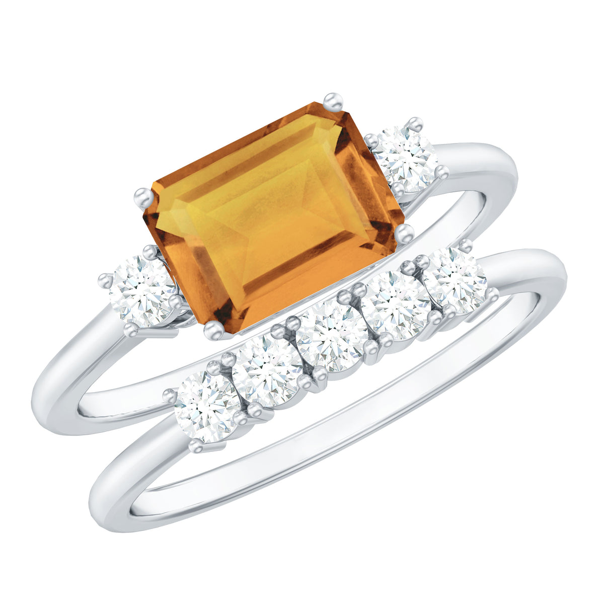 Certified Real Emerald Cut Citrine Wedding Engagement Ring Set with Moissanite AAA - Rosec Jewels